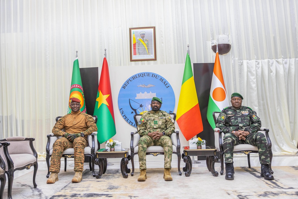 Captain Ibrahim Traore of Burkina Faso, left, General Assimi Goita of Mali, center, and General Abdourahamane Tchiani of Niger attend a summit.