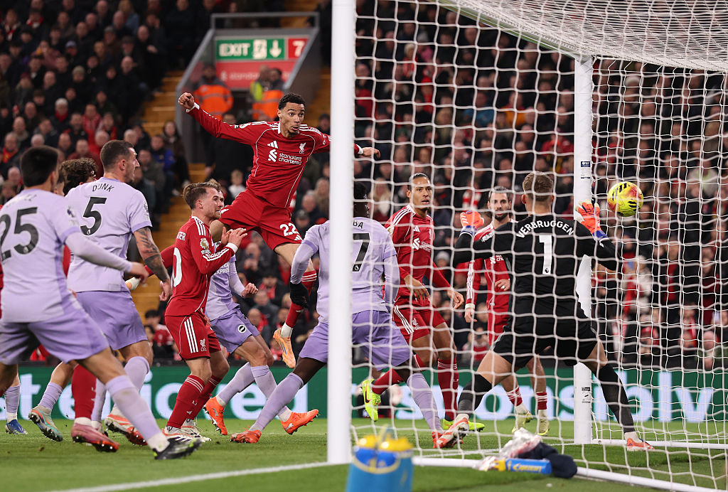 Hugo Ekitike of Liverpool heads the ball to score his team's second goal