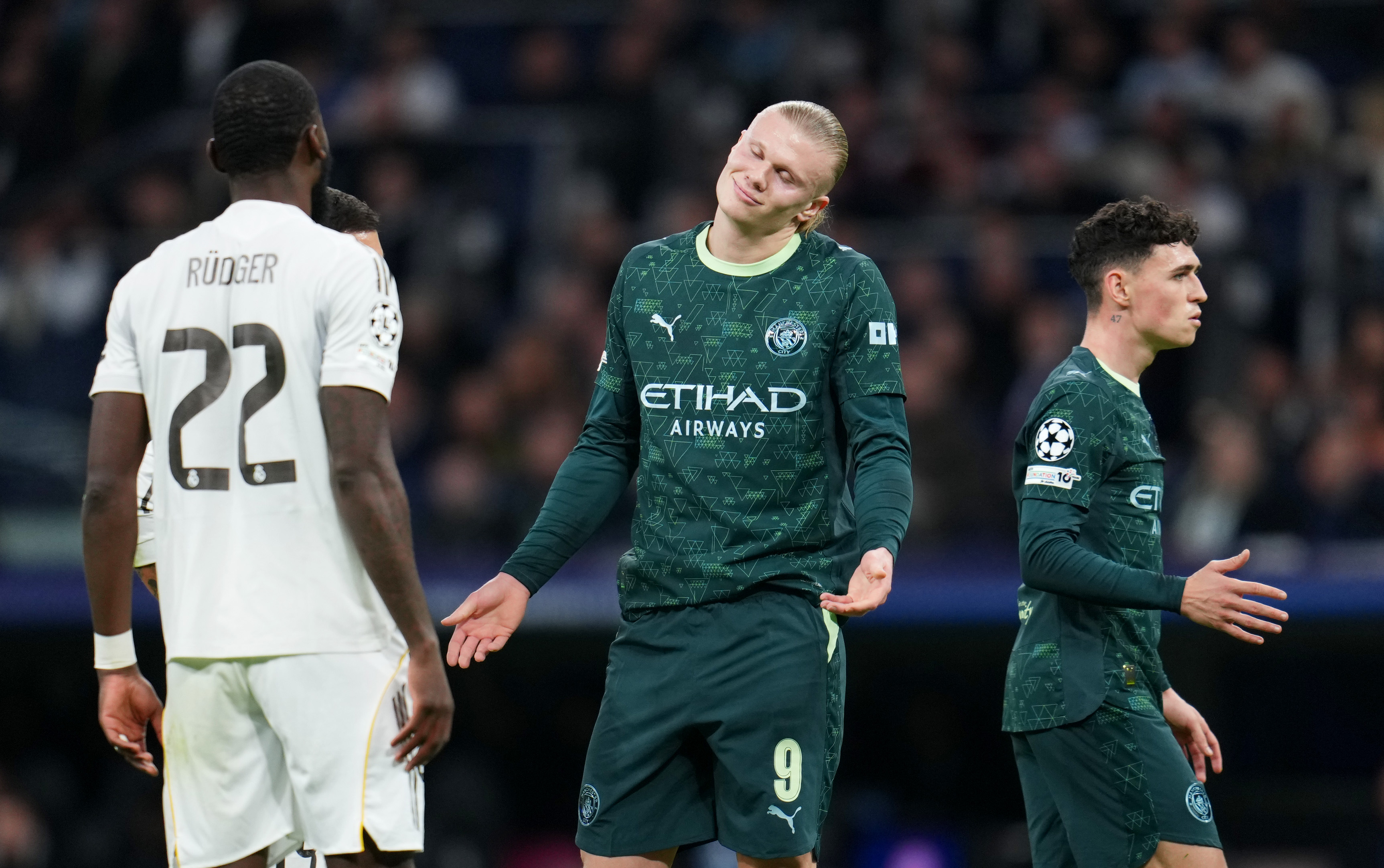 MADRID, SPAIN - DECEMBER 10: Erling Haaland of Manchester City reacts during the UEFA Champions League 2025/26 League Phase MD6 match between Real Madrid C.F. and Manchester City at Estadio Santiago Bernabeu on December 10, 2025 in Madrid, Spain. (Photo by Aitor Alcalde/Getty Images)