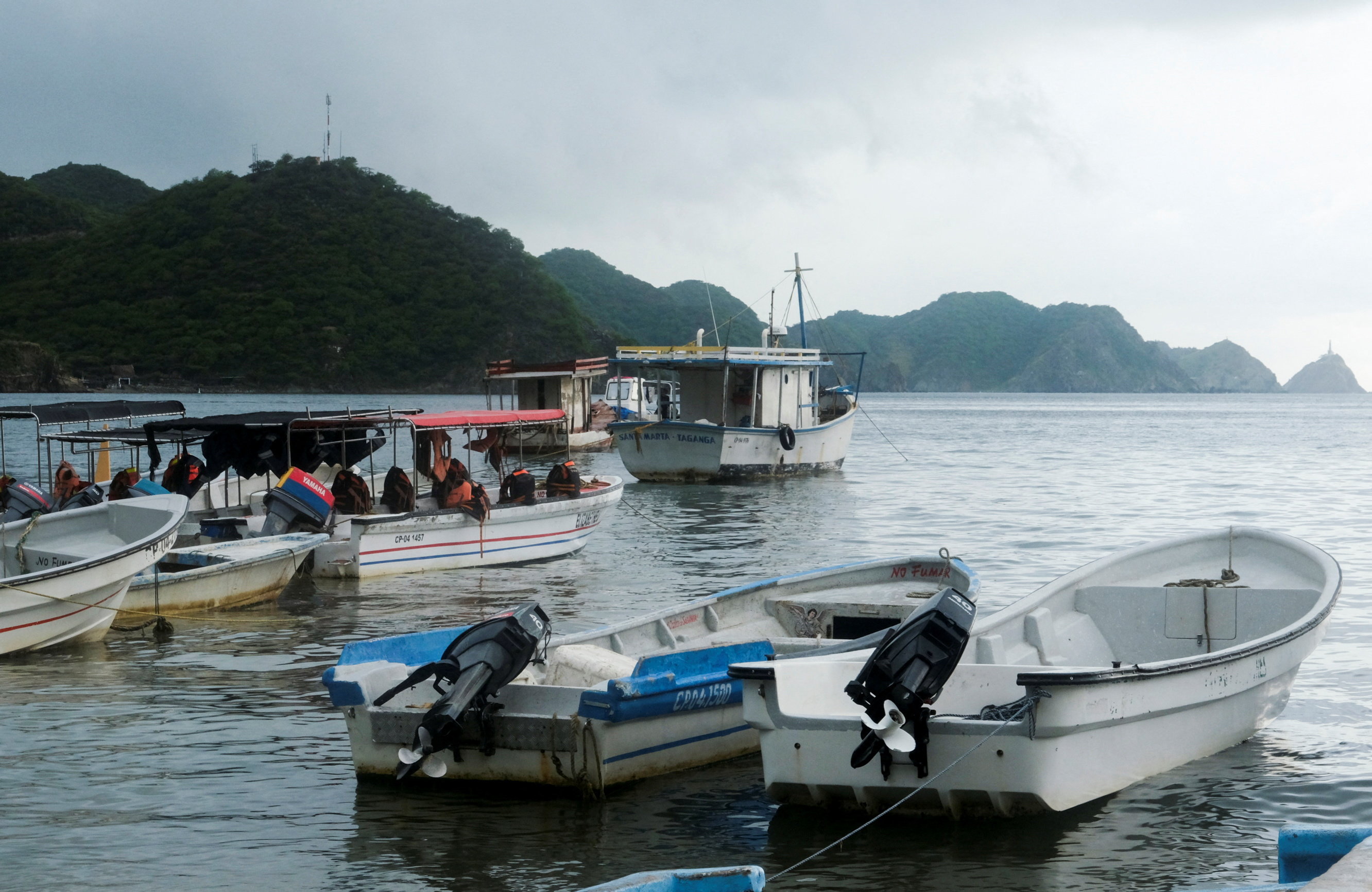Boats docked at Taganga Beach, Colombia.