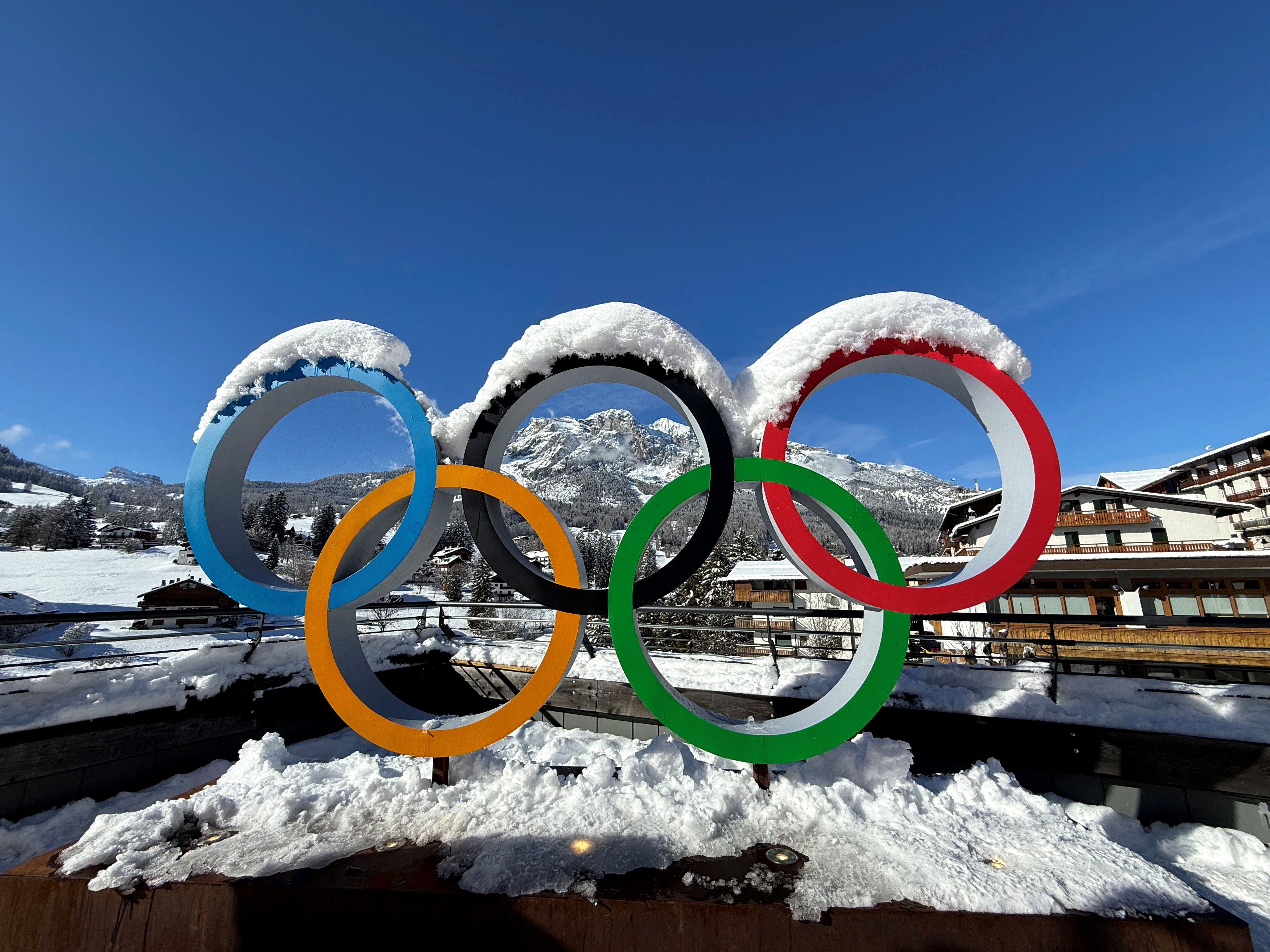 General view of the Olympic rings covered in snow.