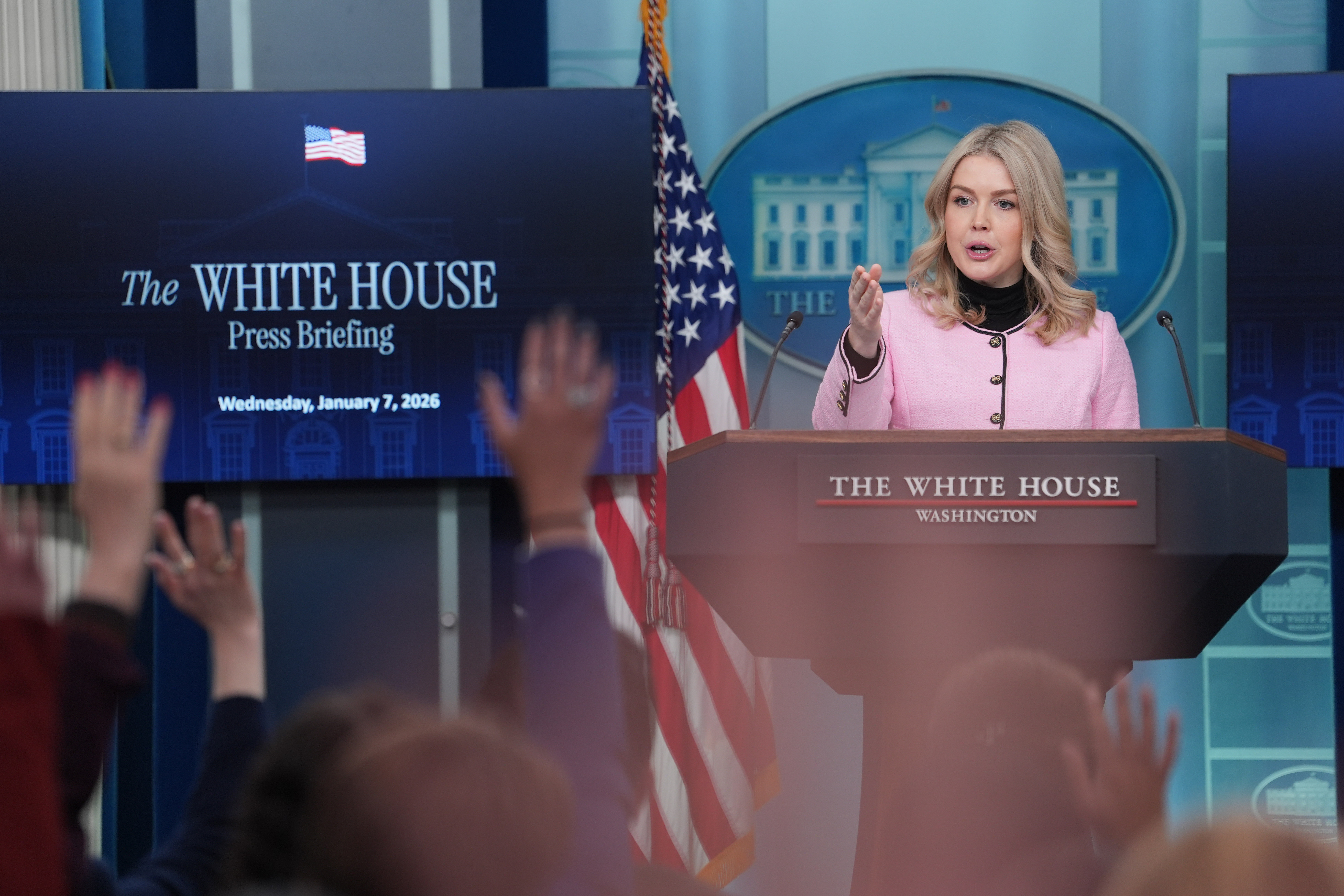 Karoline Leavitt holds a news briefing