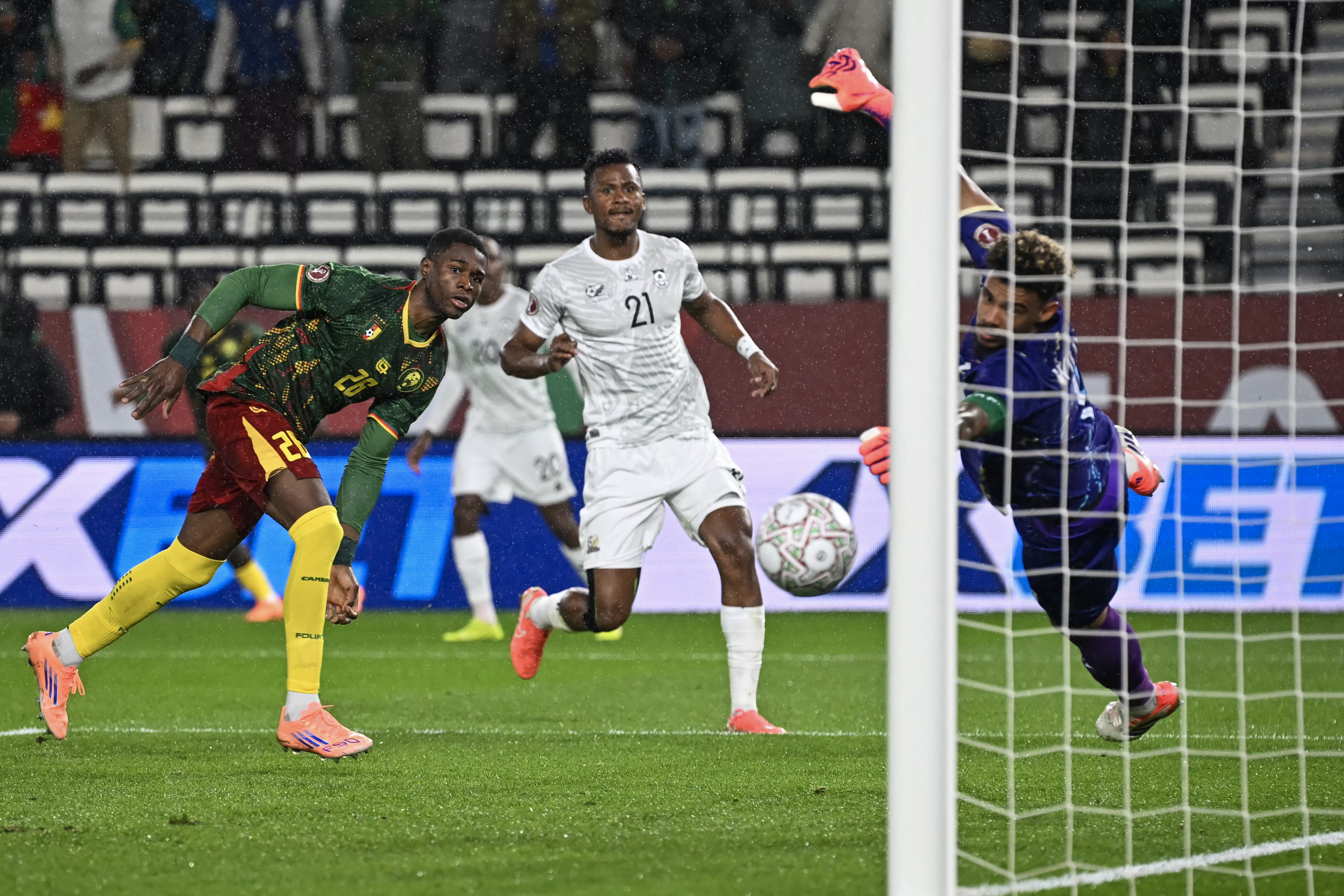 TOPSHOT - Cameroon's forward #26 Christian Kofane celebrates scoring his team's second goal during the Africa Cup of Nations (CAN) round of 16 football match between South Africa and Cameroon at Al Medina Stadium in Rabat on January 4, 2026.