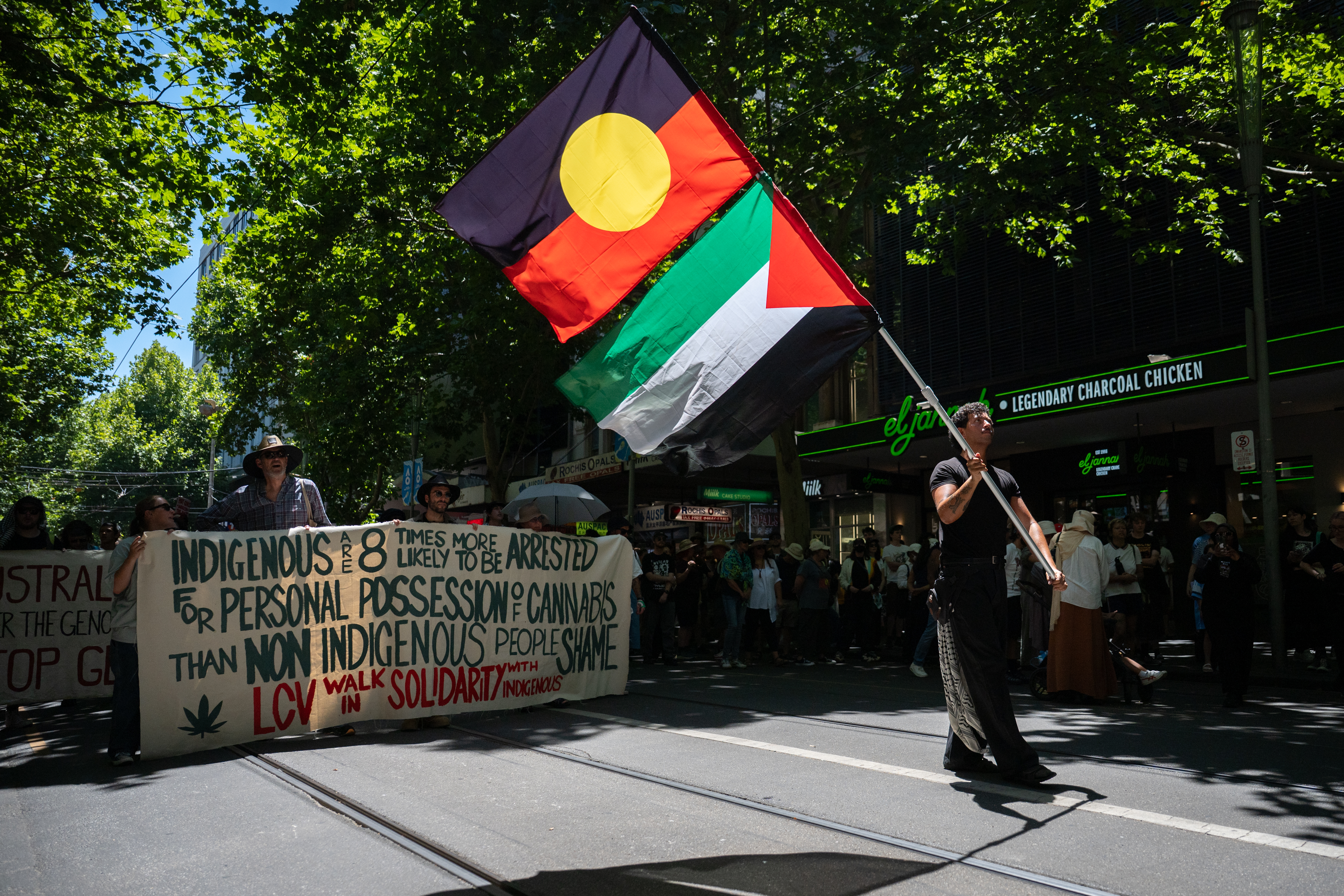 A rallygoer with a flagpole marches with an Australian Aboriginal flag and a Palestinian flag.