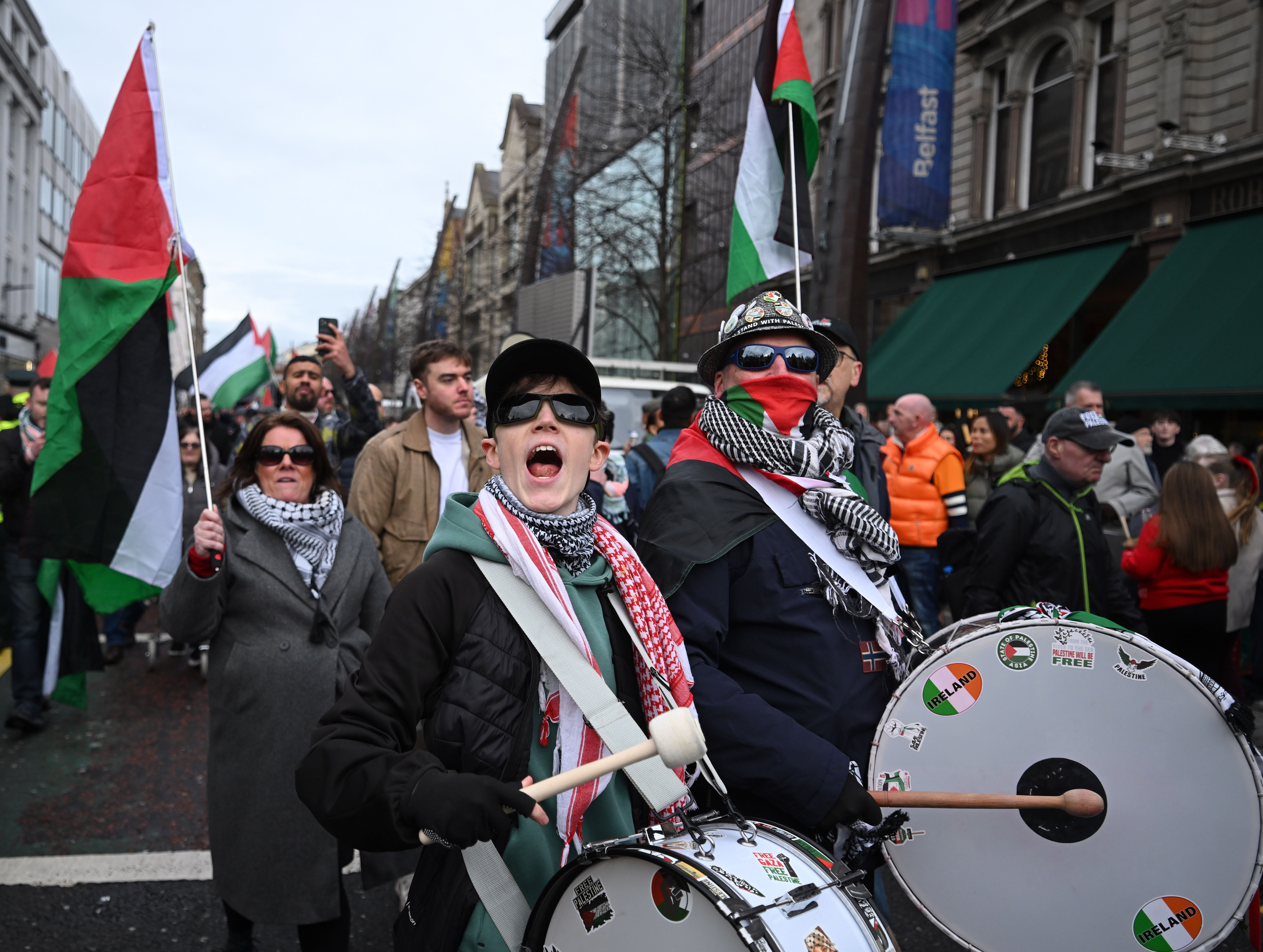 BELFAST, NORTHERN IRELAND - NOVEMBER 29: Activists take part in the Ireland-Palestine Solidarity Campaign rally as it makes its way along Royal Avenue to Donegall Place before reaching Belfast City Hall on November 29, 2025 in Belfast, Northern Ireland. Many groups supporting Palestine are coming together this weekend in solidarity with Palestinians asking their governments to stop the supply of arms to Israel and stop the genocide. (Photo by Charles McQuillan/Getty Images)