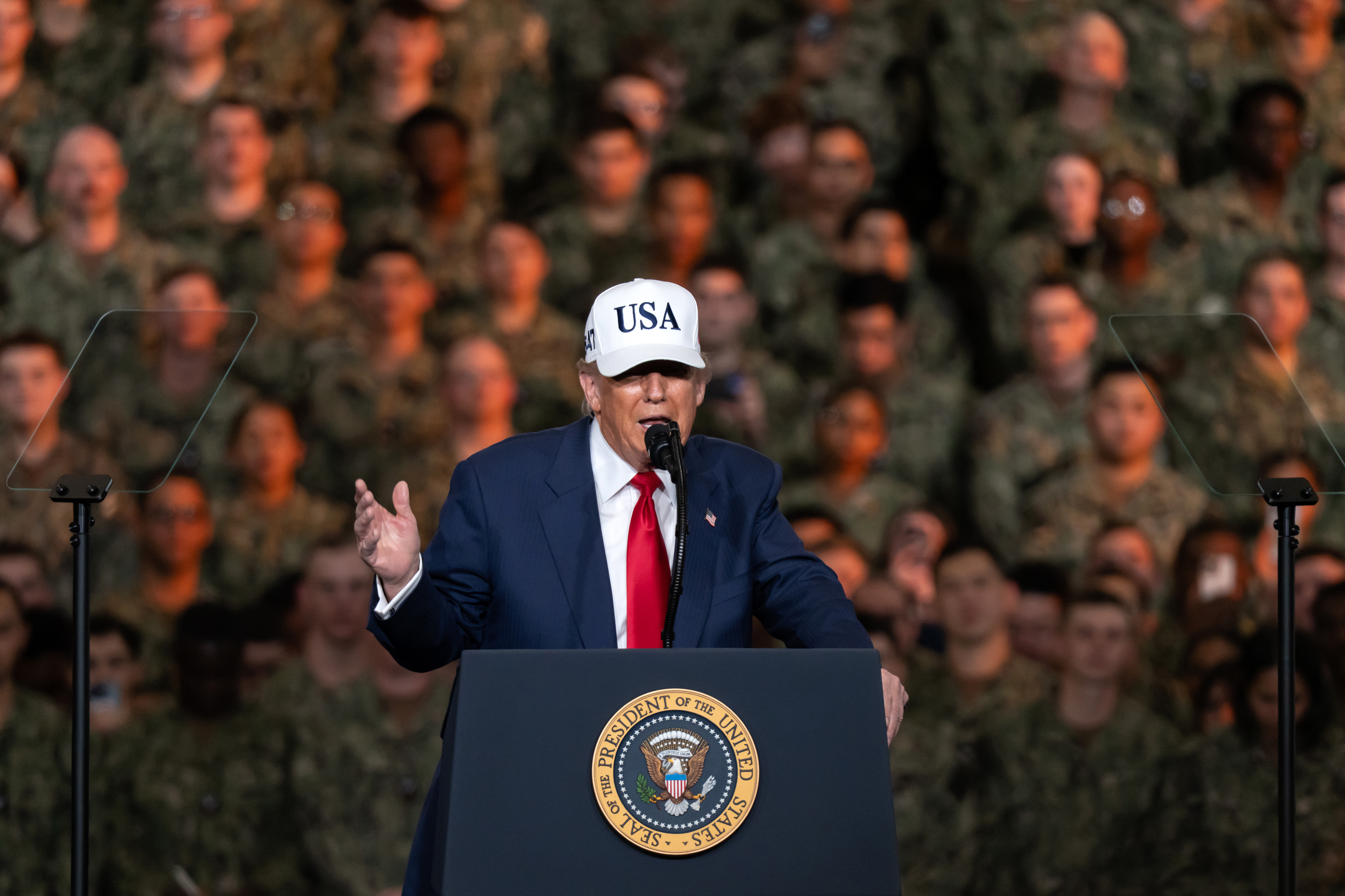 YOKOSUKA, JAPAN - OCTOBER 28: U.S. President Donald Trump speaks to troops aboard USS George Washington on October 28, 2025 in Yokosuka, Japan. Trump is visiting Japan, fresh off an appearance at the ASEAN summit in Malaysia, and will next travel to South Korea for the APEC meetings. (Photo by Tomohiro Ohsumi/Getty Images)