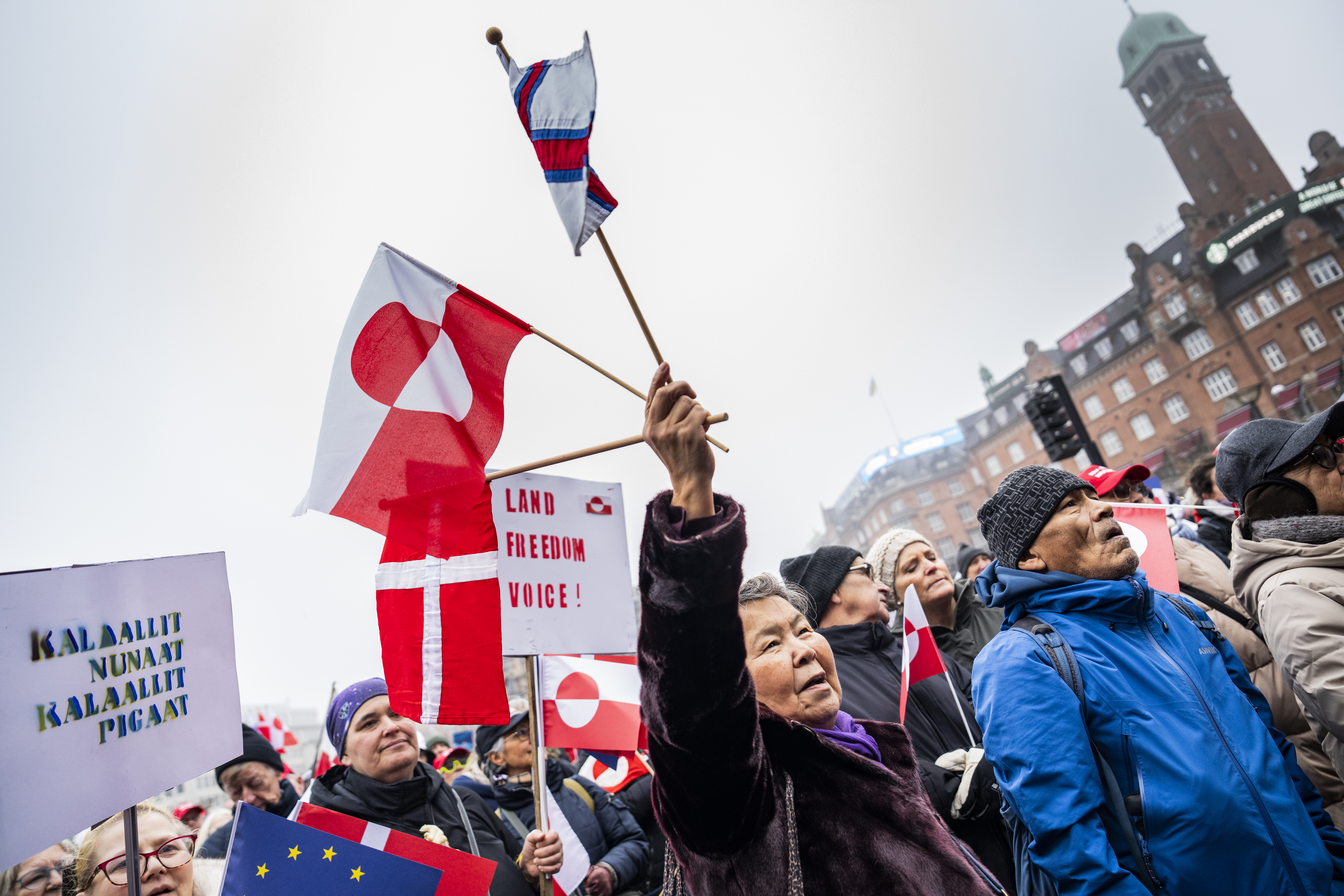 COPENHAGEN, DENMARK - JANUARY 17: Protesters on City Square during a protest in support of Greenland on January 17, 2026 in Copenhagen, Denmark. The United States president continues to insist the U.S. must have Greenland, even by military means if necessary. Greenland is a semi-autonomous territory of Denmark, which has forcefully pushed back on the U.S. threats, saying they jeopardize the future of NATO. (Photo by Martin Sylvest Andersen/Getty Images)