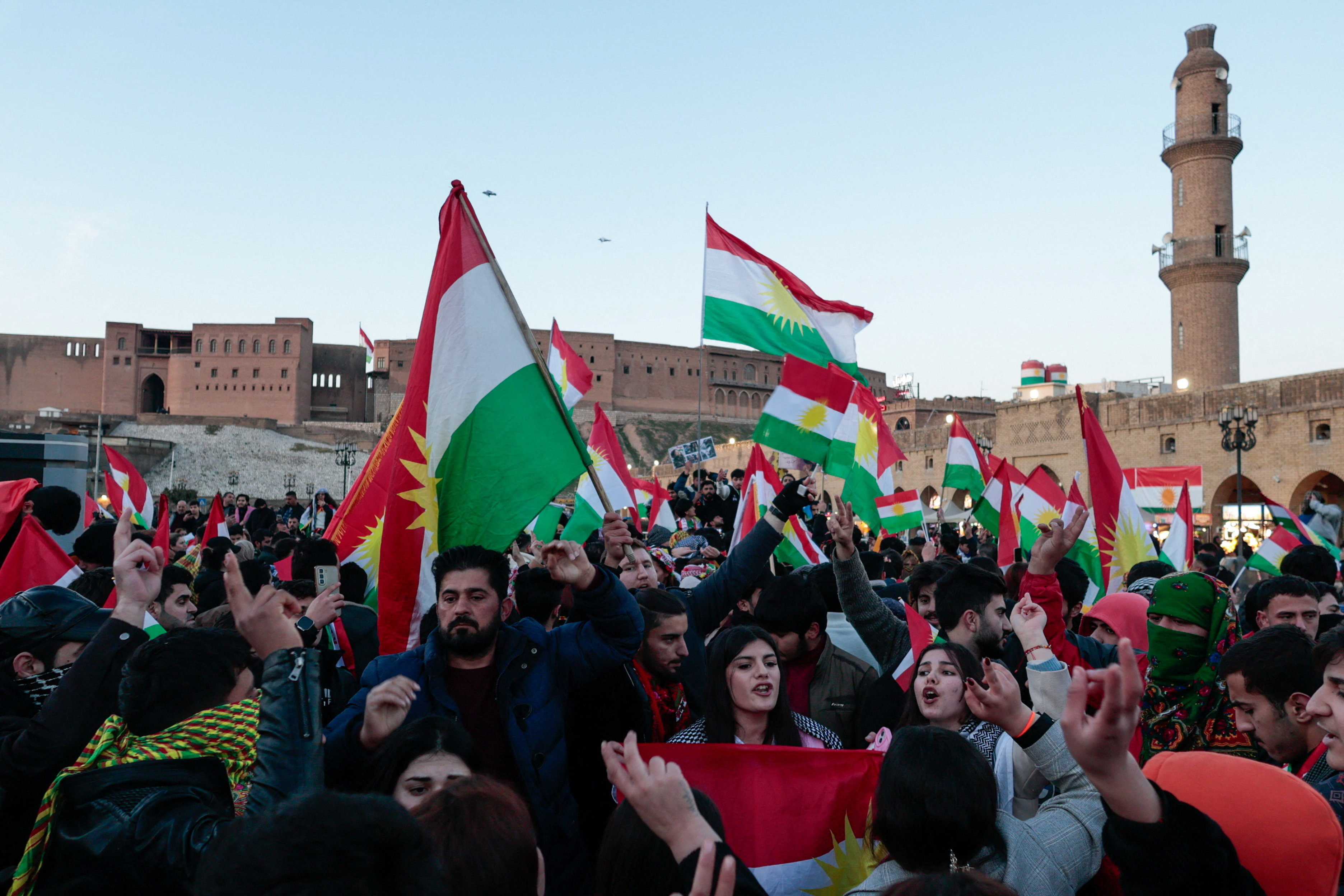 Pro-Kurdish demonstrators take part in a protest in support of Rojava, the autonomous Kurdish region in northern Syria, in Erbil, Iraq, January 21, 2026. REUTERS/Khalid al-Mousily