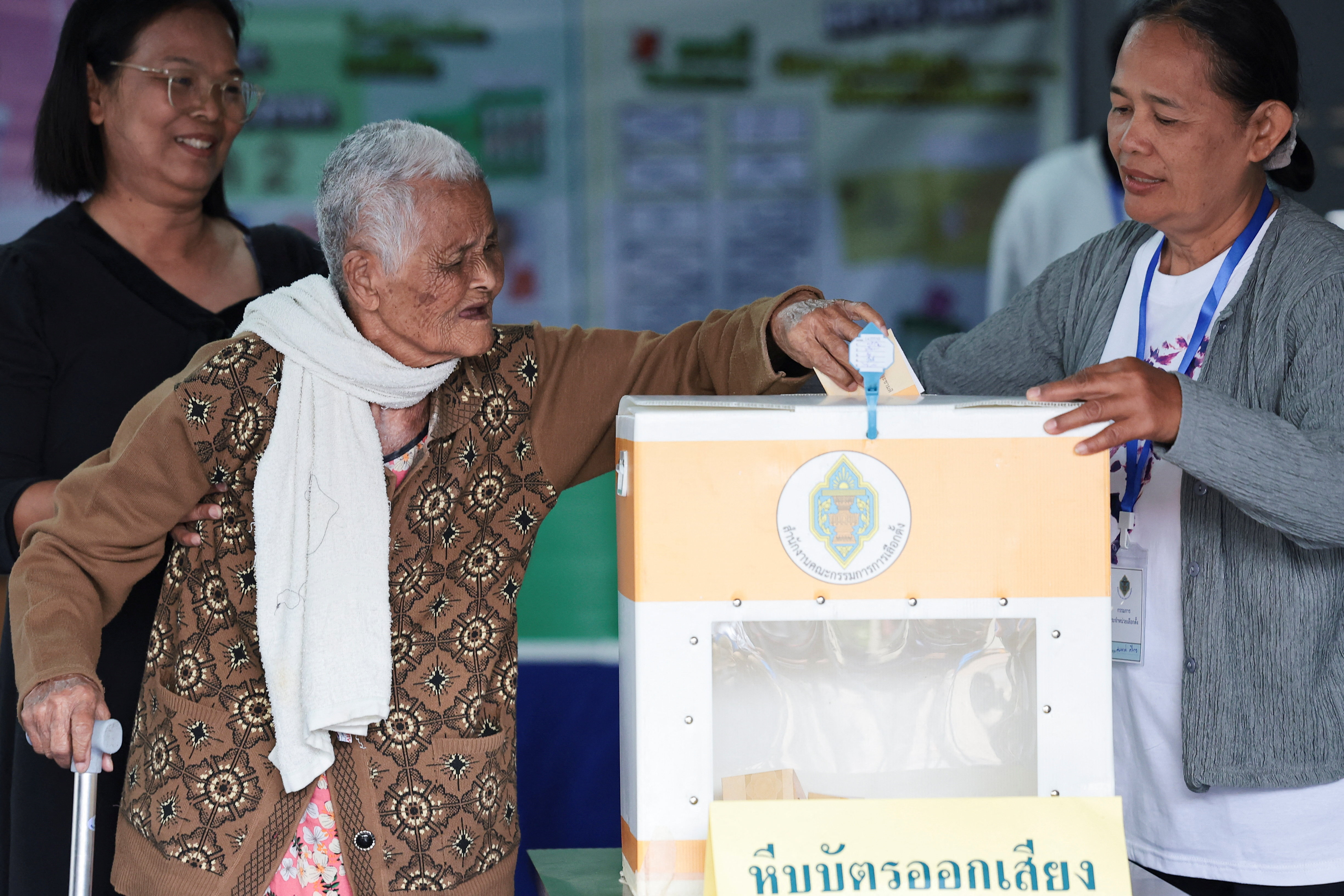 A woman casts a vote on constitutional referendum at a polling station in Buriram province, Thailand, February 8, 2026.