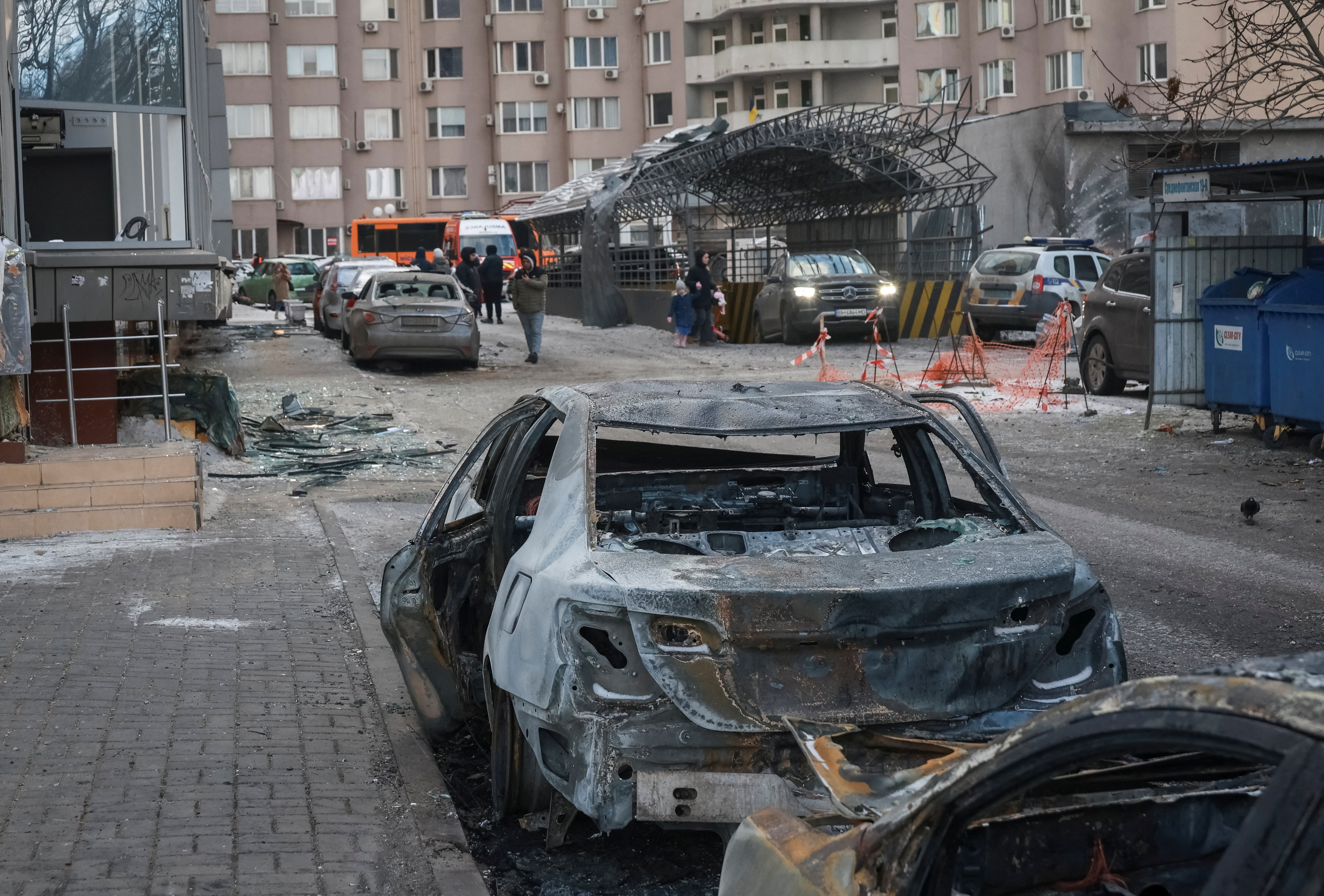 Damaged cars at the site of a Russian drone strike, amid Russia's attack on Ukraine, in Odesa, Ukraine February 9, 2026. REUTERS/Nina Liashonok