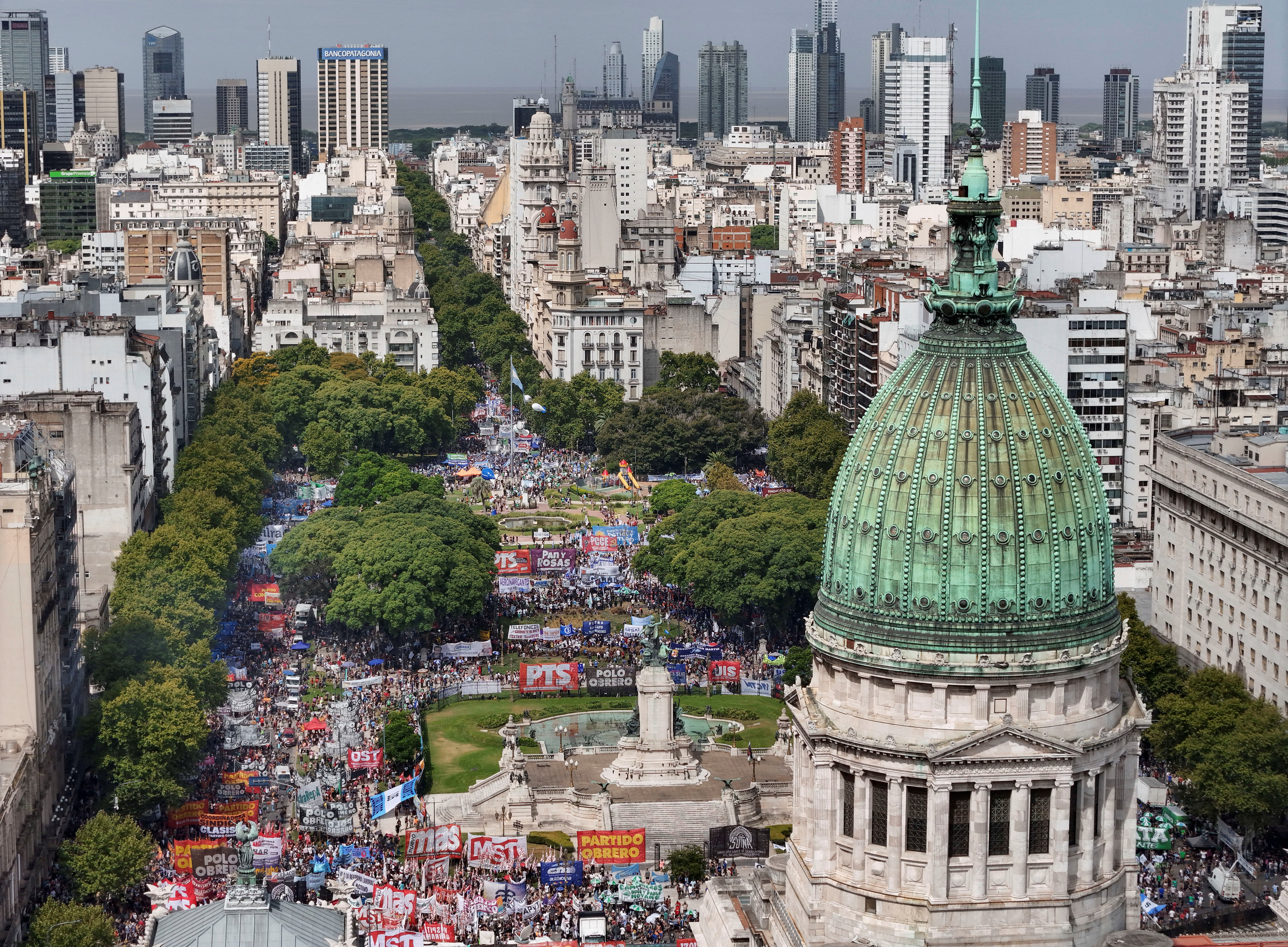 an aerial photo shows a march in downtown Buenos Aires