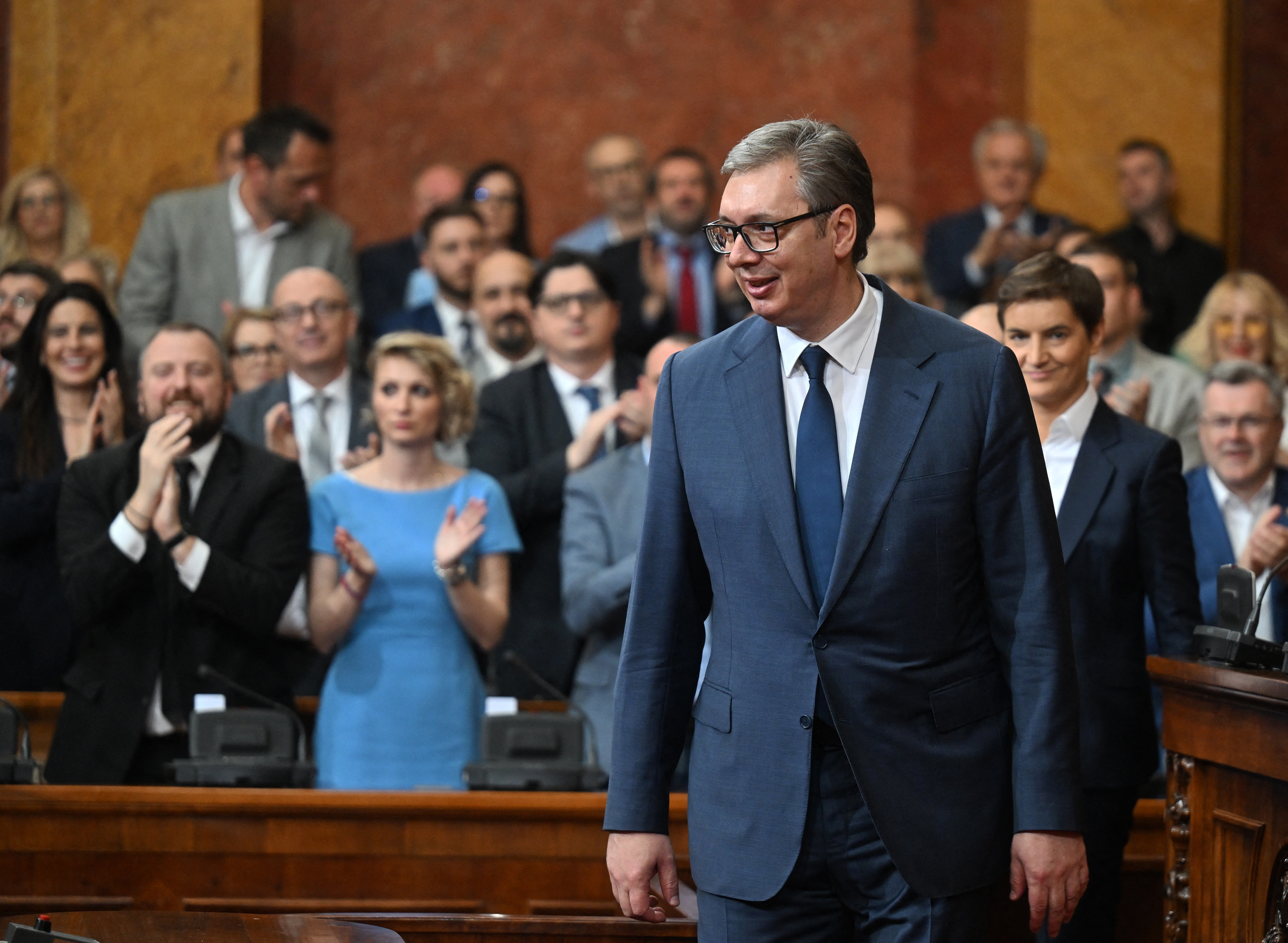 Serbian President Aleksandar Vucic arrives at the parliament to attend an oath ceremony of new elected government in Belgrade on April 16, 2025. Serbia's parliament elected a new government on April 16, 2025, led by a political novice after months of student-led anti-corruption protests brought down the previous administration. The Balkan nation has been mired in political turmoil since former prime minister and other senior officials resigned in January amid marathon protests sparked by a railway station disaster that left 16 people dead. (Photo by OLIVER BUNIC / str / AFP)