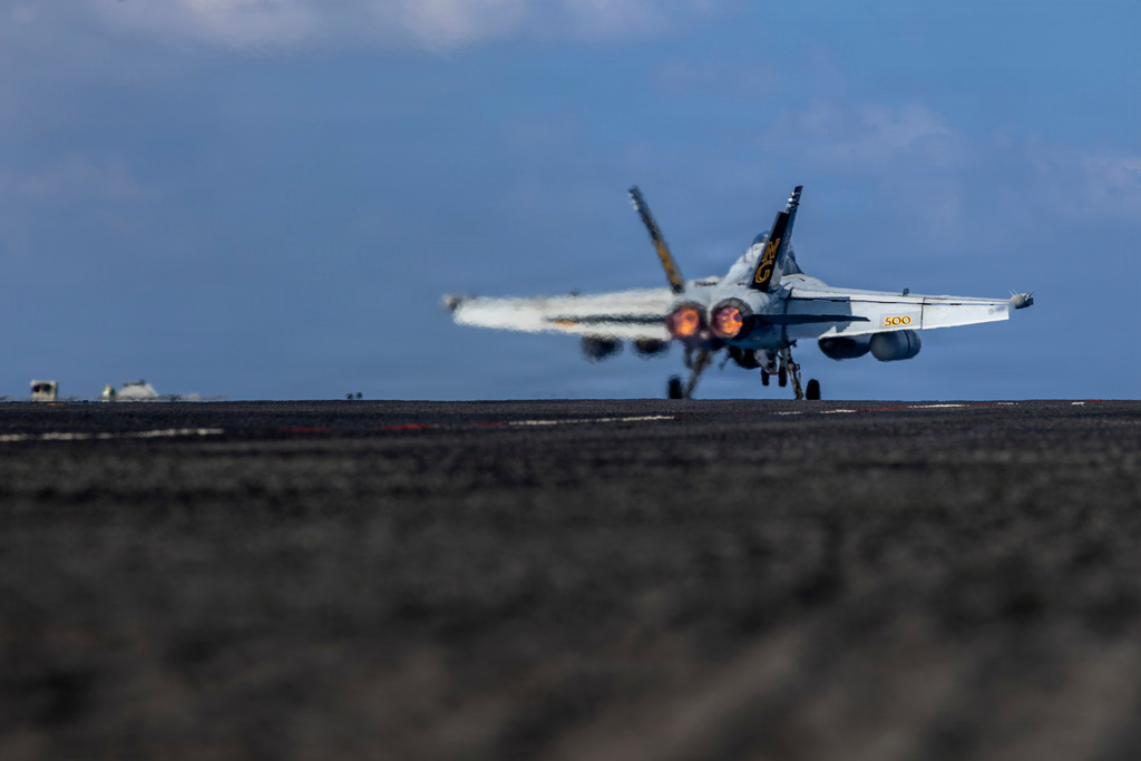 EA-18G Growler jet takes off from the deck of the USS Abraham Lincoln