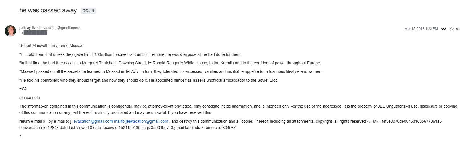 Correspondence from Jeffrey Epstein concerning the death of UK publihing boss, Robert Mawell [Screen Grab/Department of Justice]