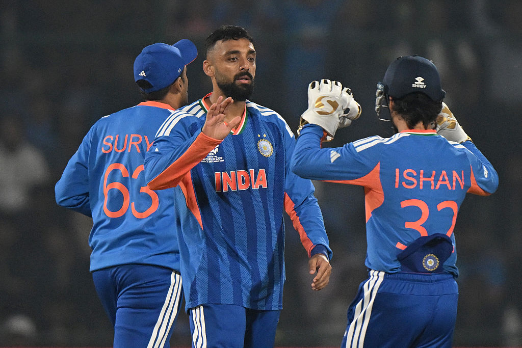 Varun Chakravarthy of India celebrates dismissing Jan Nicol Loftie-Eaton of Namibia during the ICC Men's T20 World Cup