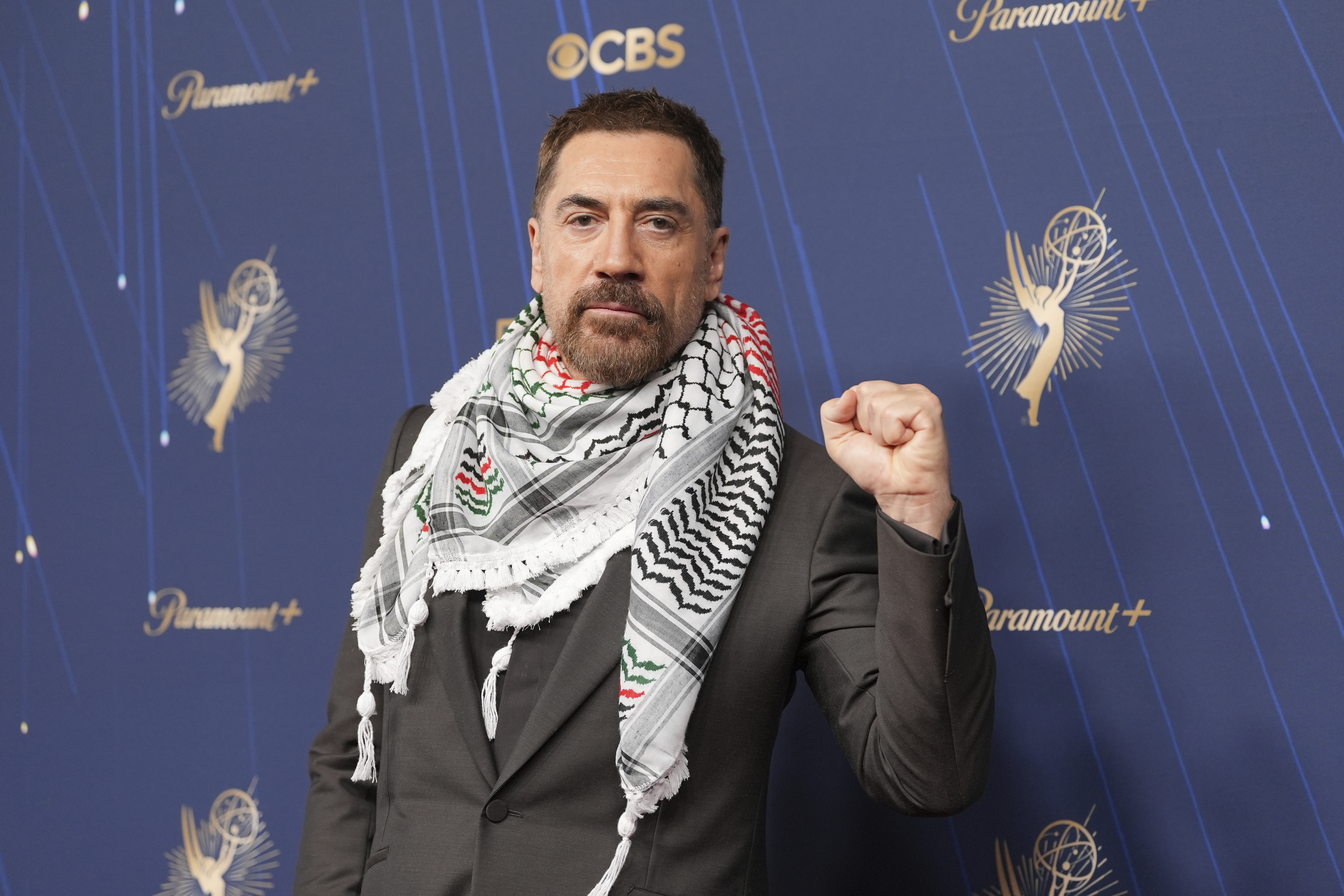Javier Bardem arrives at the 77th Primetime Emmy Awards on Sunday, Sept. 14, 2025, at the Peacock Theater in Los Angeles. (AP Photo/Jae C. Hong)