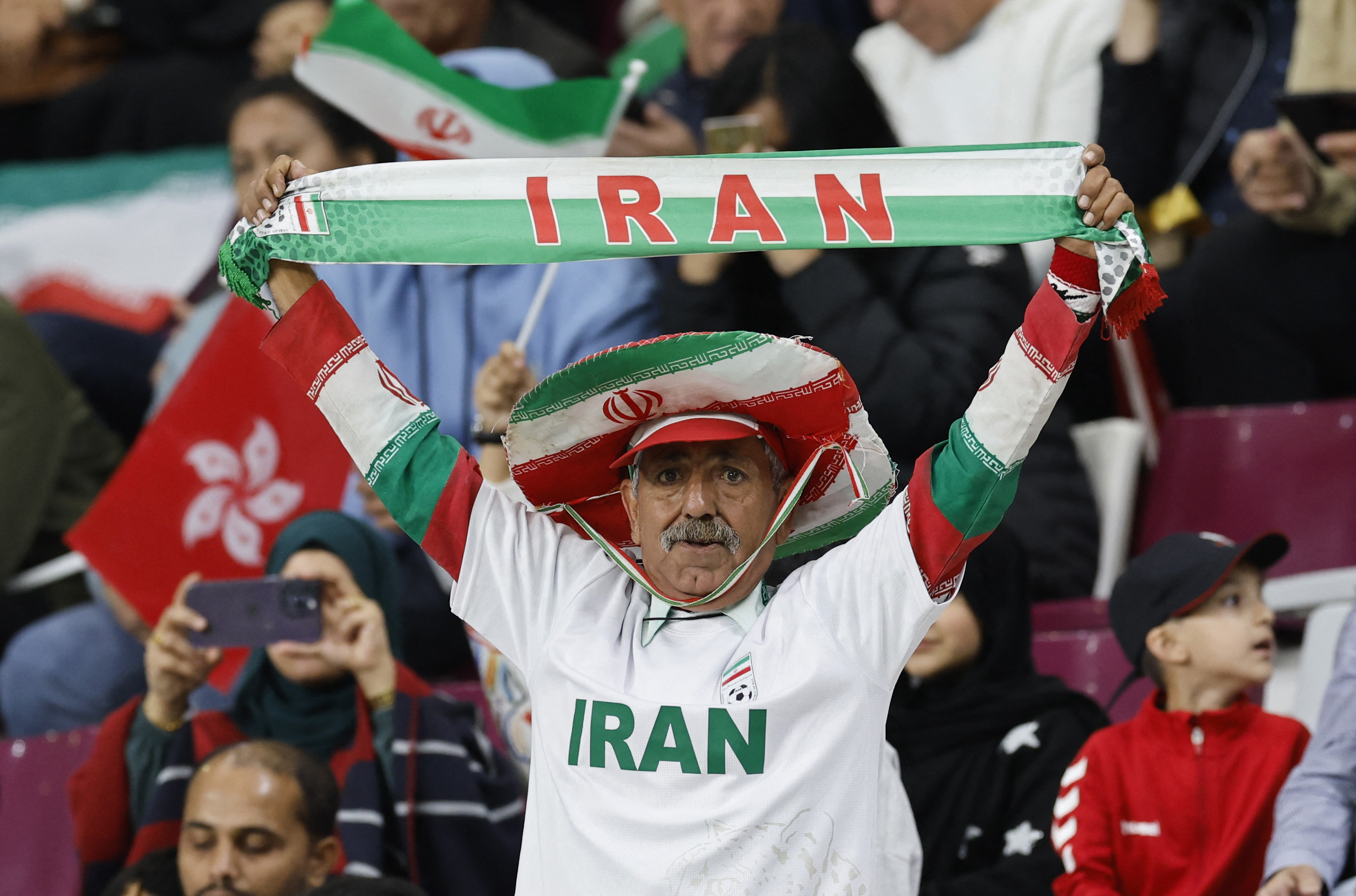 Soccer Football - AFC Asian Cup - Group C - Hong Kong v Iran - Khalifa International Stadium, Al Rayyan, Qatar - January 19, 2024 A Iran fan inside the stadium before the match REUTERS/Thaier Al-Sudani