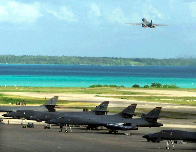 A US B-1B bomber takes off from the Diego Garcia military base