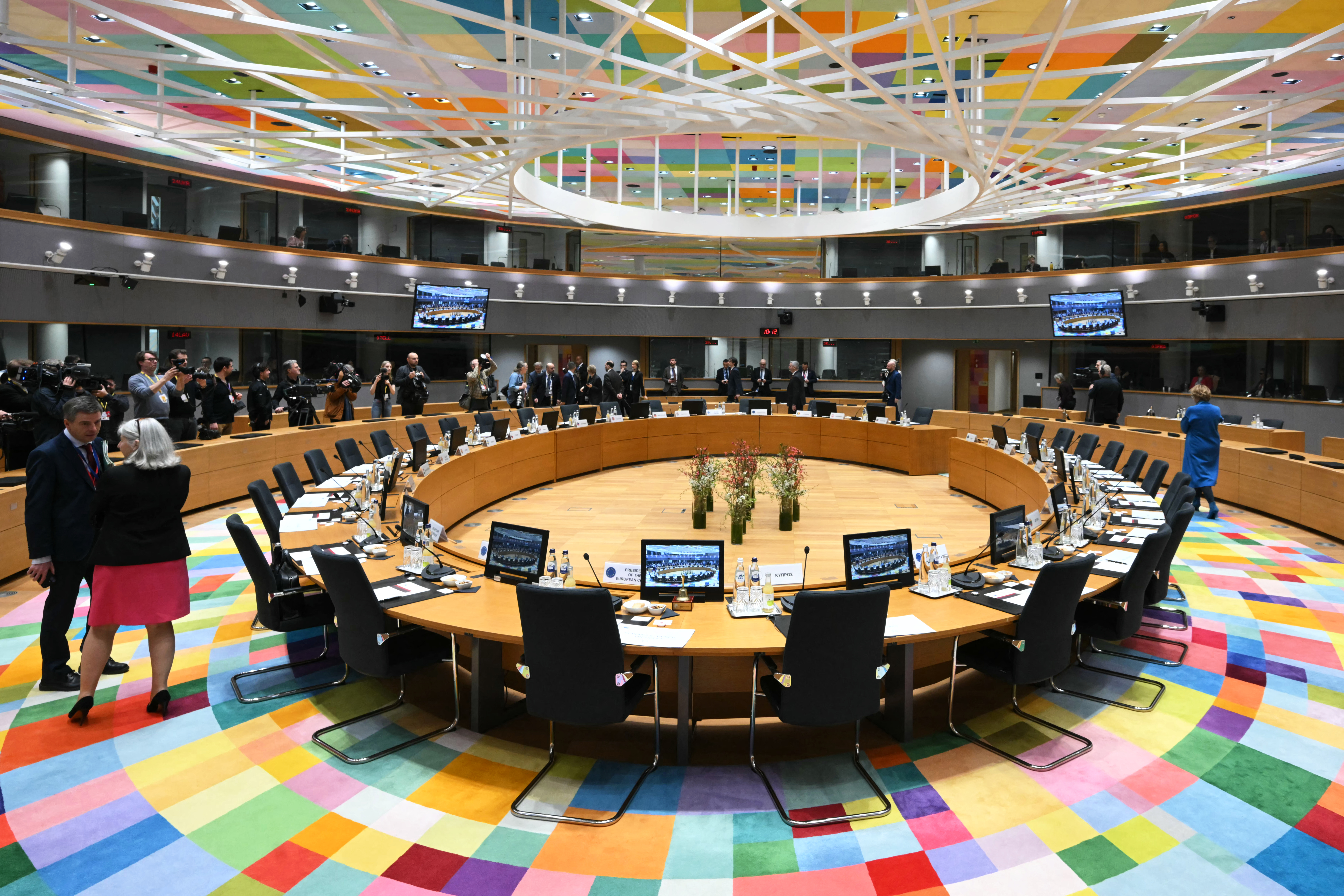 This photograph shows the meeting room ahead of an EU Summit at the EU headquarters in Brussels, on March 19, 2026. European Union leaders meet in the context of the US-Israeli war against Iran that is consuming the Middle East, and its consequences on energy prices and security. [NICOLAS TUCAT / AFP]