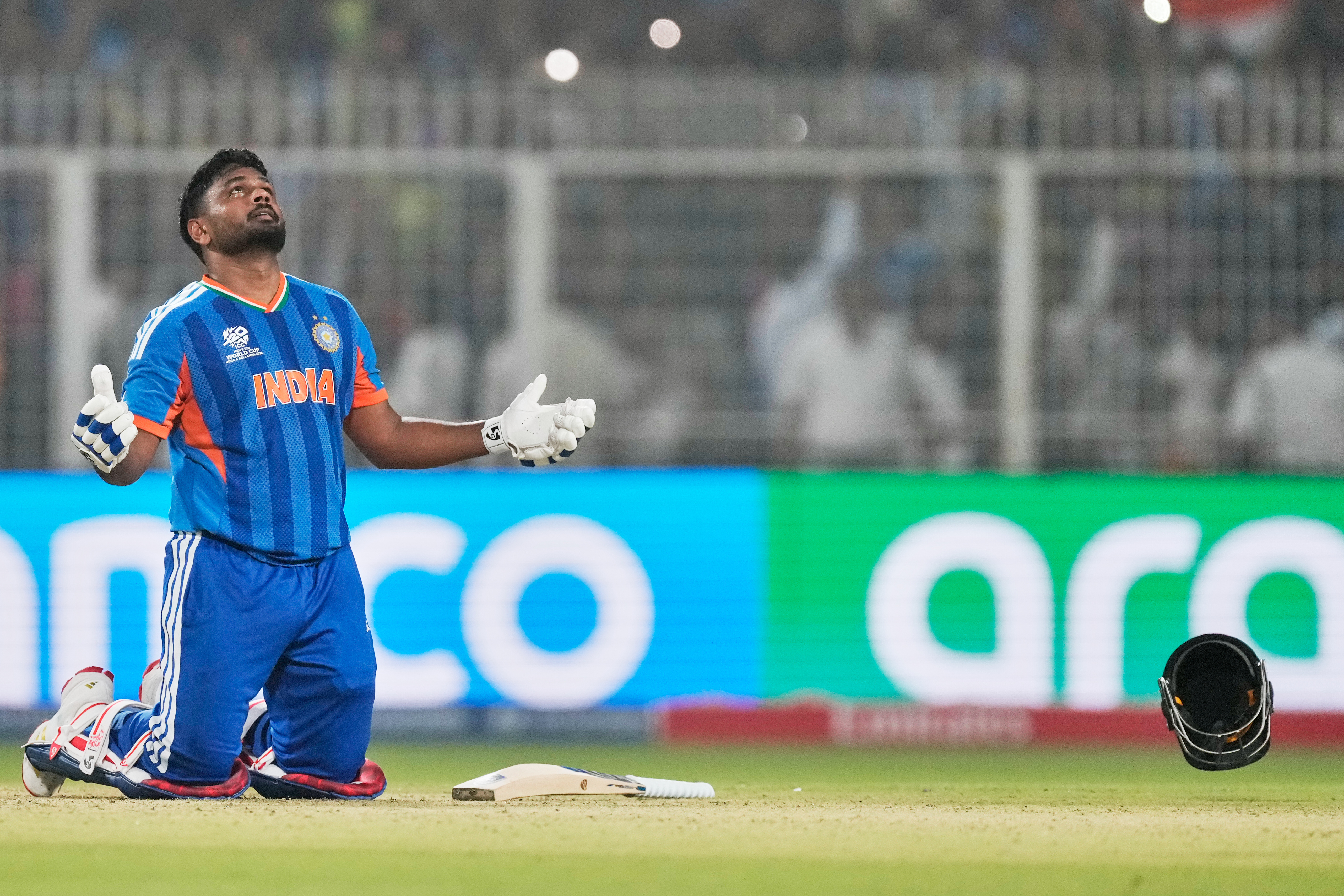 India's Sanju Samson looks to the heavens after India won the T20 World Cup cricket match against West Indies in Kolkata, India, Sunday, March 1, 2026. (AP Photo/Bikas Das)