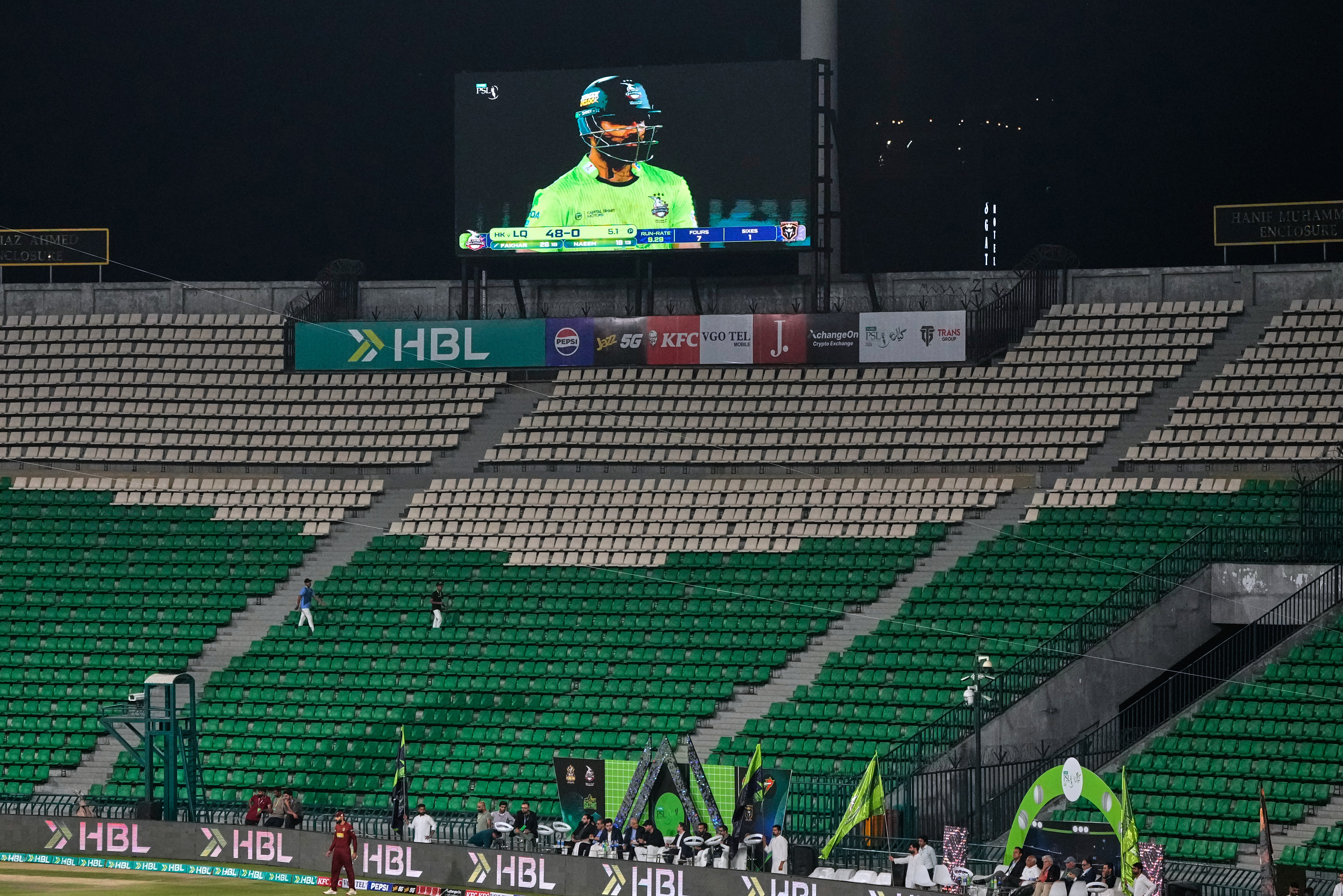 A view of the Gaddafi Stadium, where opening cricket match of the Pakistan Super League between Lahore Qalandars and Hyderabad Kingsmen, is taking place without spectators