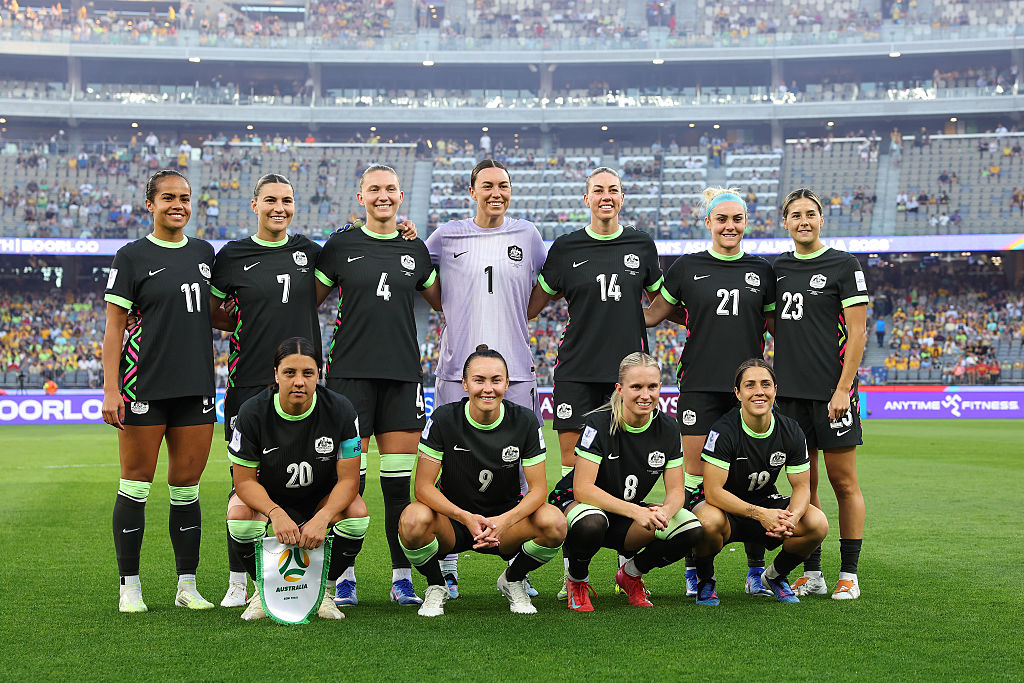 Australia line up for a team picture during the AFC Women's Asian Cup Australia 2026 Semi Final match between Australia Matildas and China PR