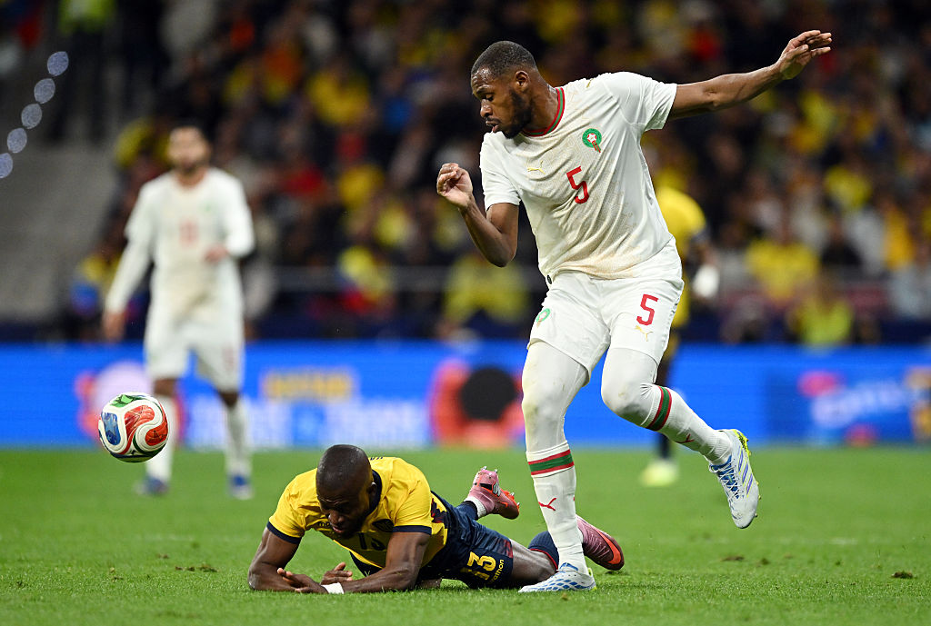 Enner Valencia of Ecuador is fouled by Issa Diop of Morocco.