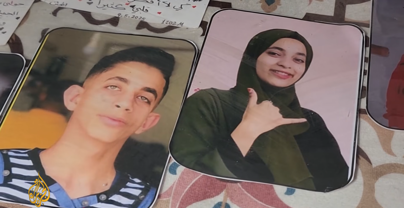 Pictures of Malak Abu Mady and her brother Yousef, who have been missing since Israeli ground forces advanced into Khan Younis in 2024
