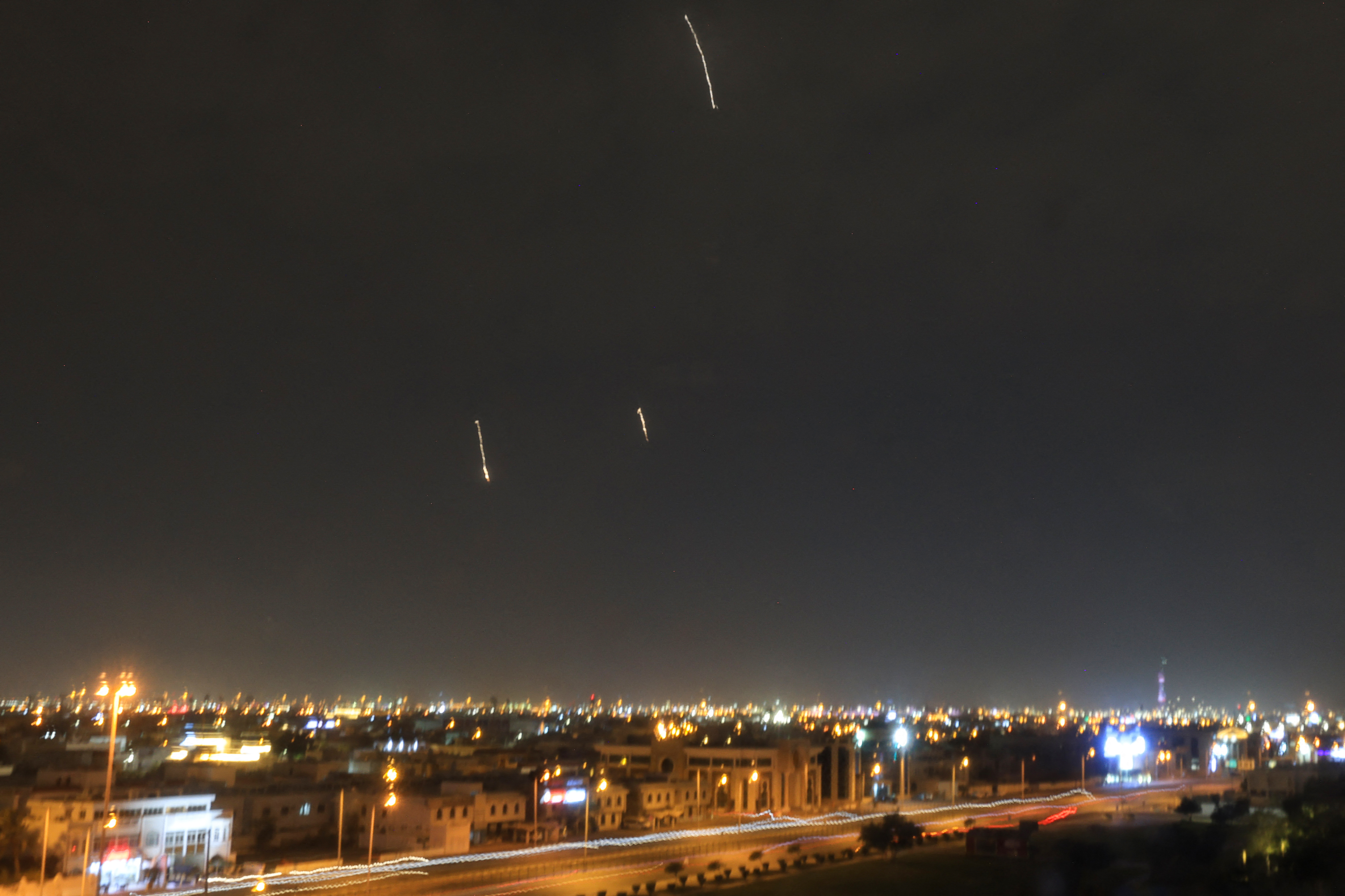 Missiles are seen in the skies over Doha on March 3, 2026.