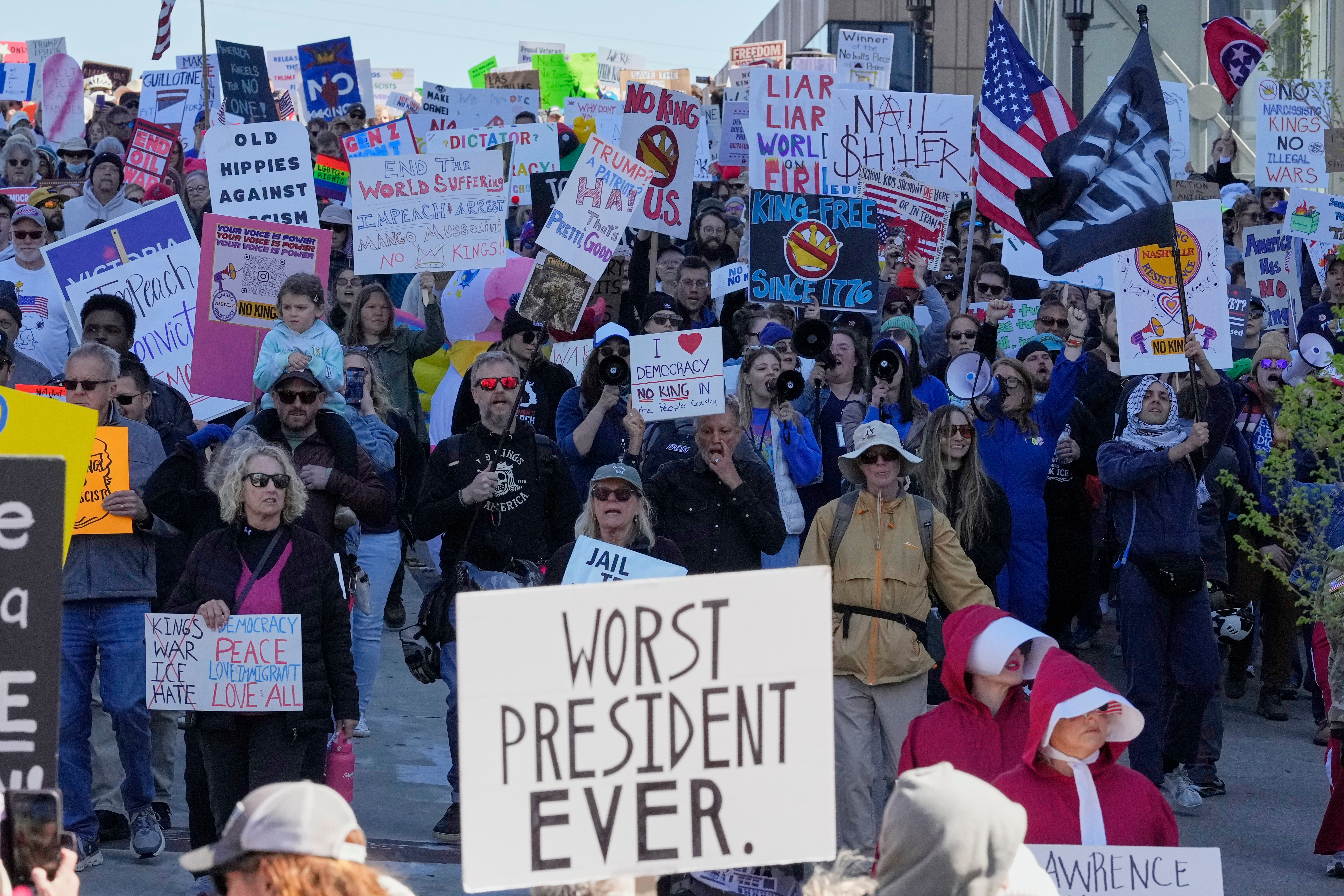 People demonstrate during a "No Kings" protest Saturday, March 28, 2026, in Nashville, Tenn. (AP Photo/George Walker IV)