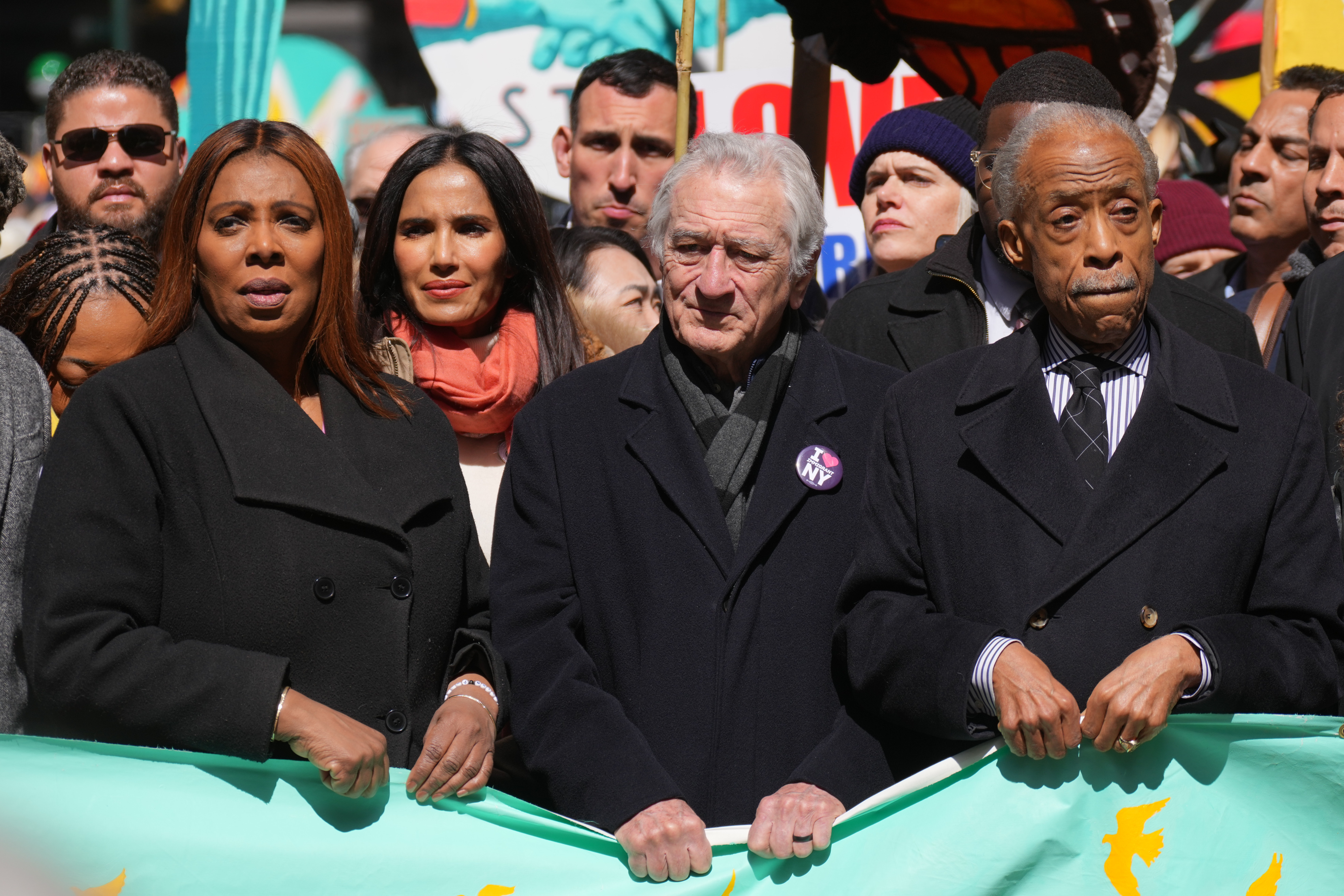 From left, New York Attorney General Letitia James, actor Robert Di Niro and Rev. Al Sharpton take part in a "No Kings" protest Saturday, March 28, 2026, in New York. (AP Photo/Adam Gray)