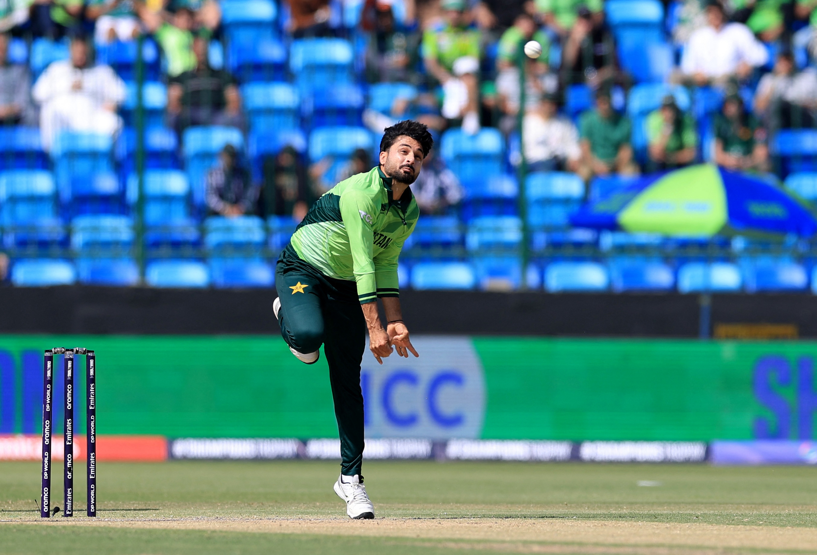Cricket - ICC Men's Champions Trophy - Group A - Pakistan v New Zealand - National Stadium, Karachi, Pakistan - February 19, 2025 Pakistan's Abrar Ahmed in action REUTERS/Akhtar Soomro