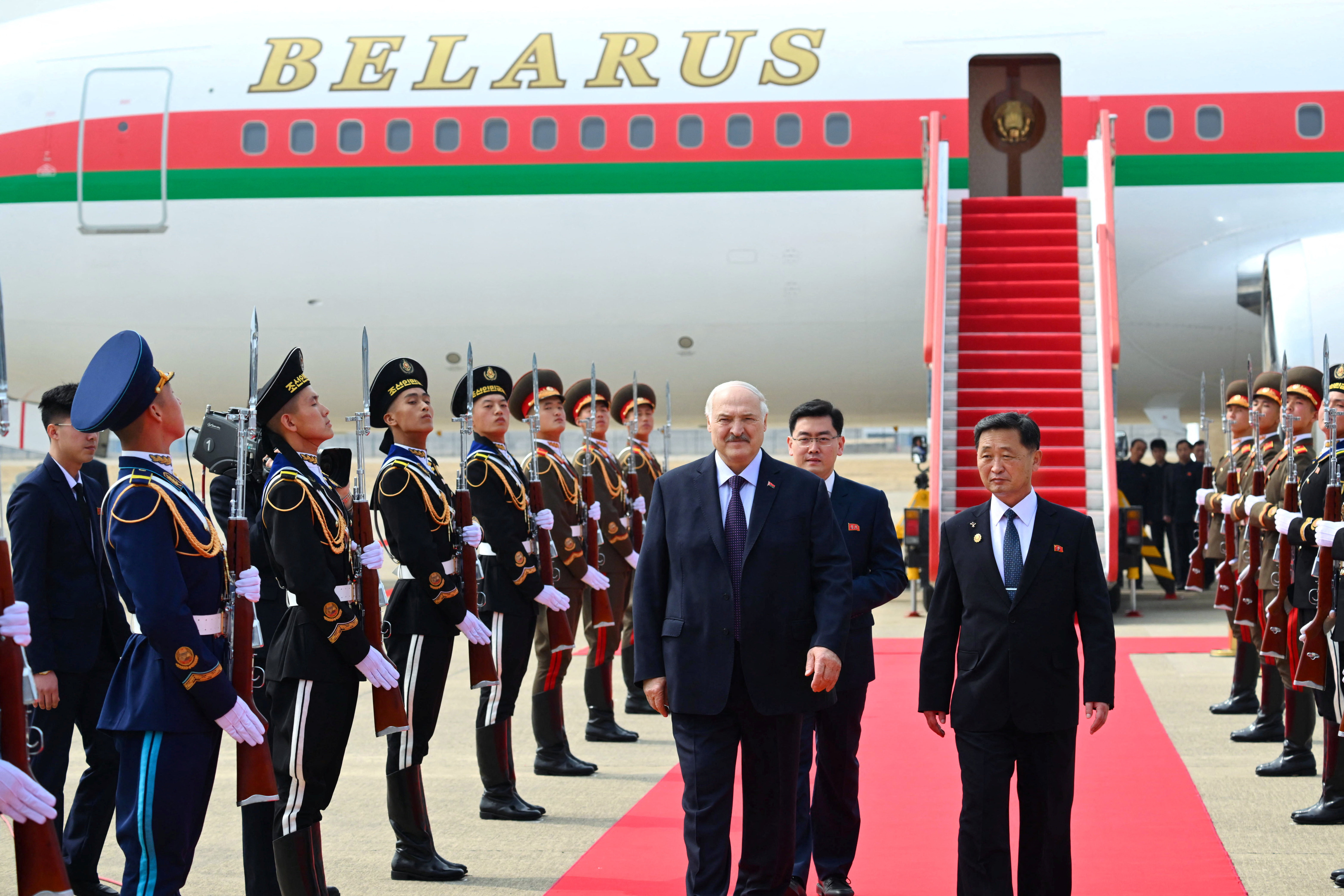 Belarusian President Alexander Lukashenko arrives at Pyongyang International Airport in Pyongyang, North Korea March 25, 2026. President of the Republic of Belarus/Handout via REUTERS ATTENTION EDITORS - THIS IMAGE WAS PROVIDED BY A THIRD PARTY. MANDATORY CREDIT.