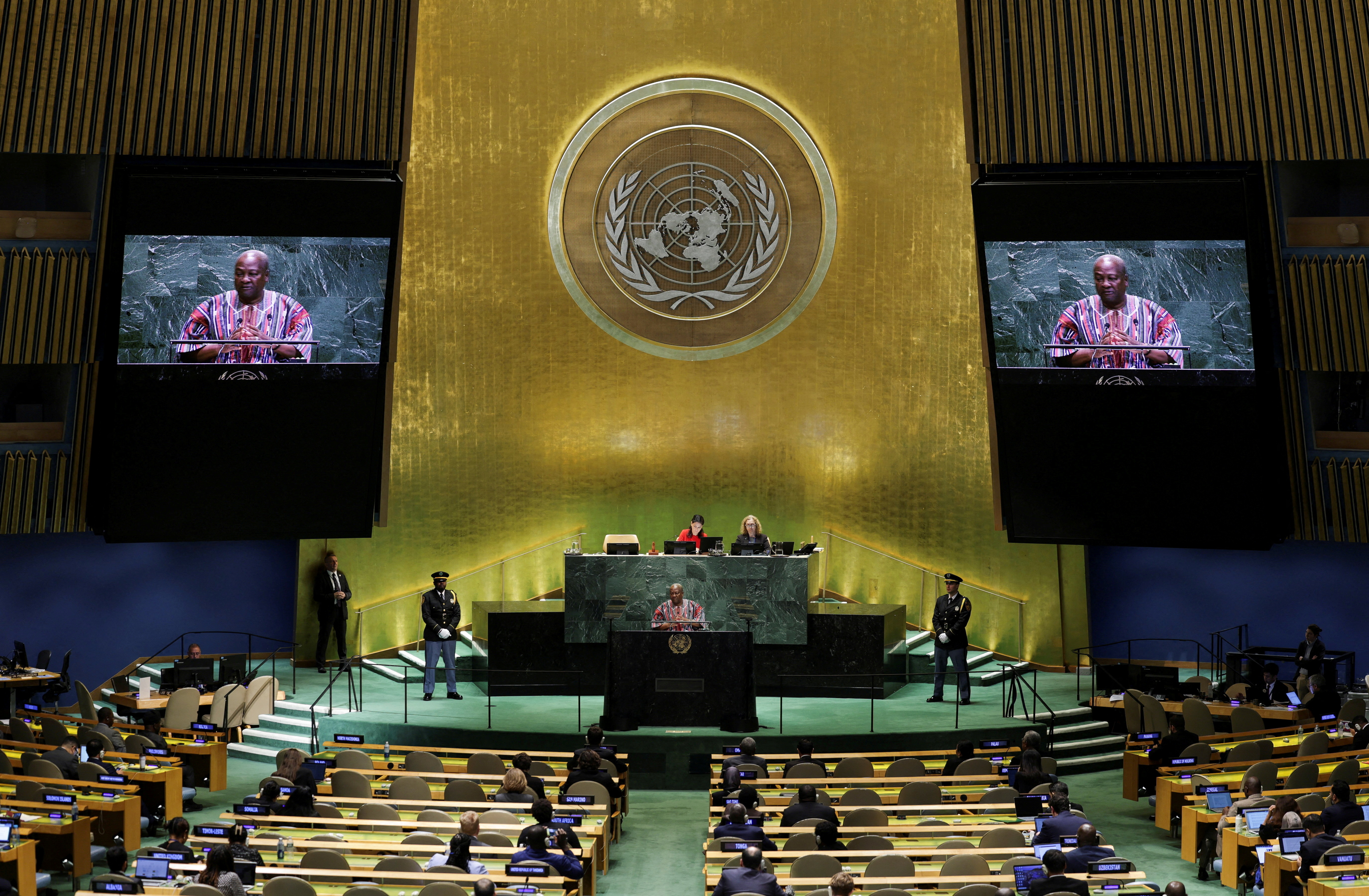 FILE PHOTO: Ghana's President John Dramani Mahama addresses the 80th United Nations General Assembly (UNGA), at the U.N. headquarters in New York, U.S., September 25, 2025. REUTERS/Jeenah Moon/File Photo