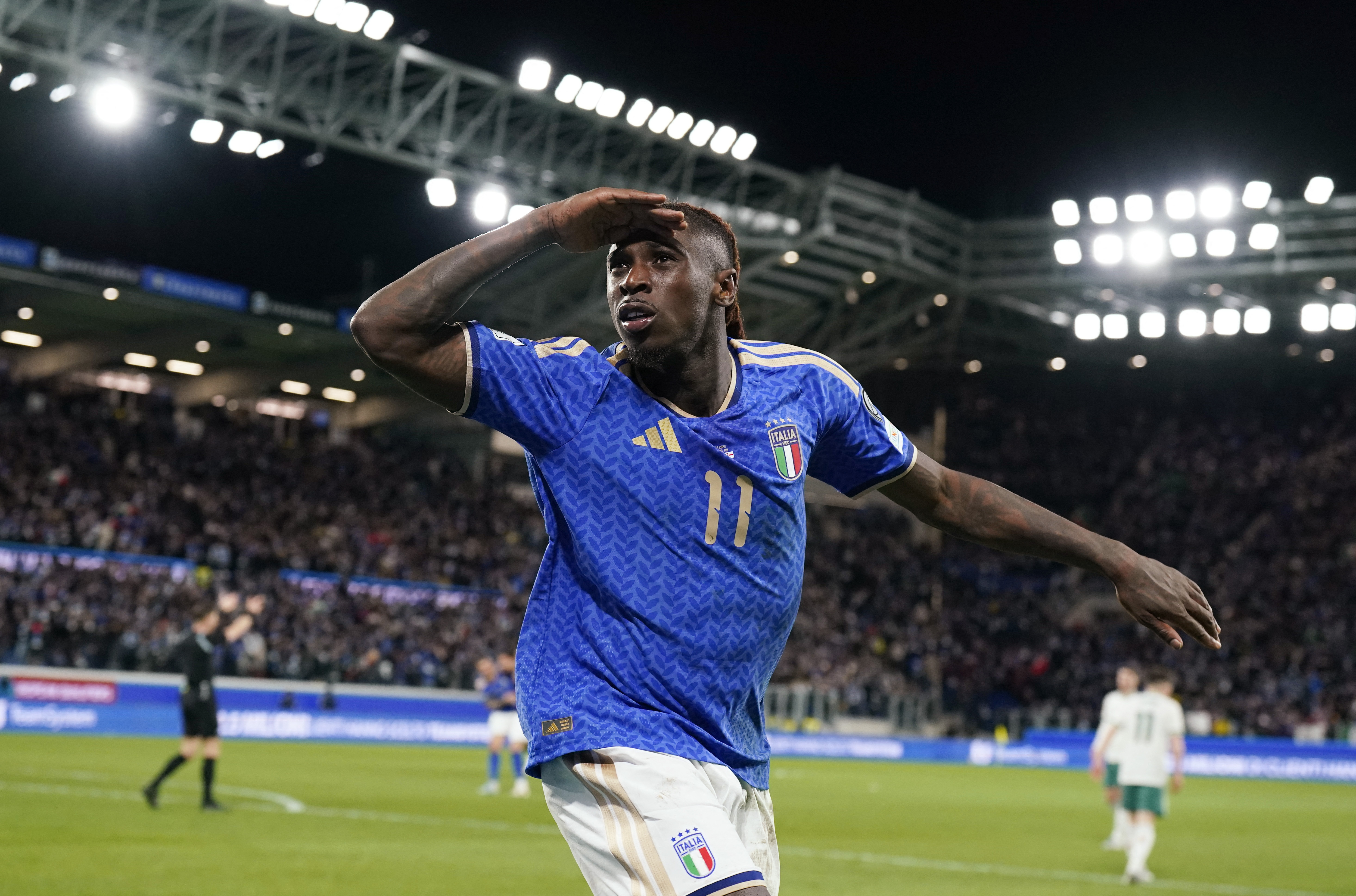 Italy's Moise Kean celebrates scoring a goal.