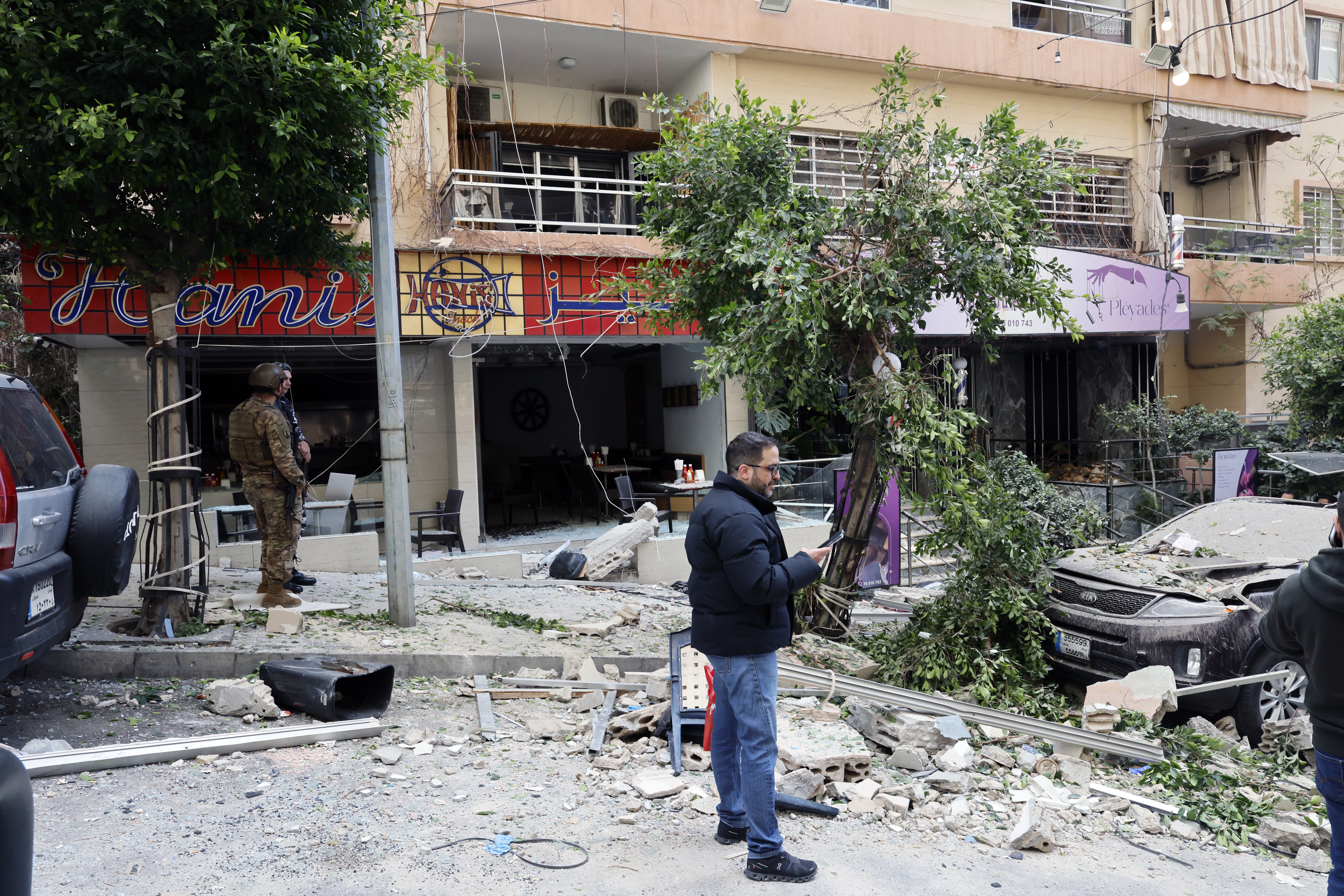 A damaged apartment building after an Israeli air strike in Caracas near Raouche district in Beirut,