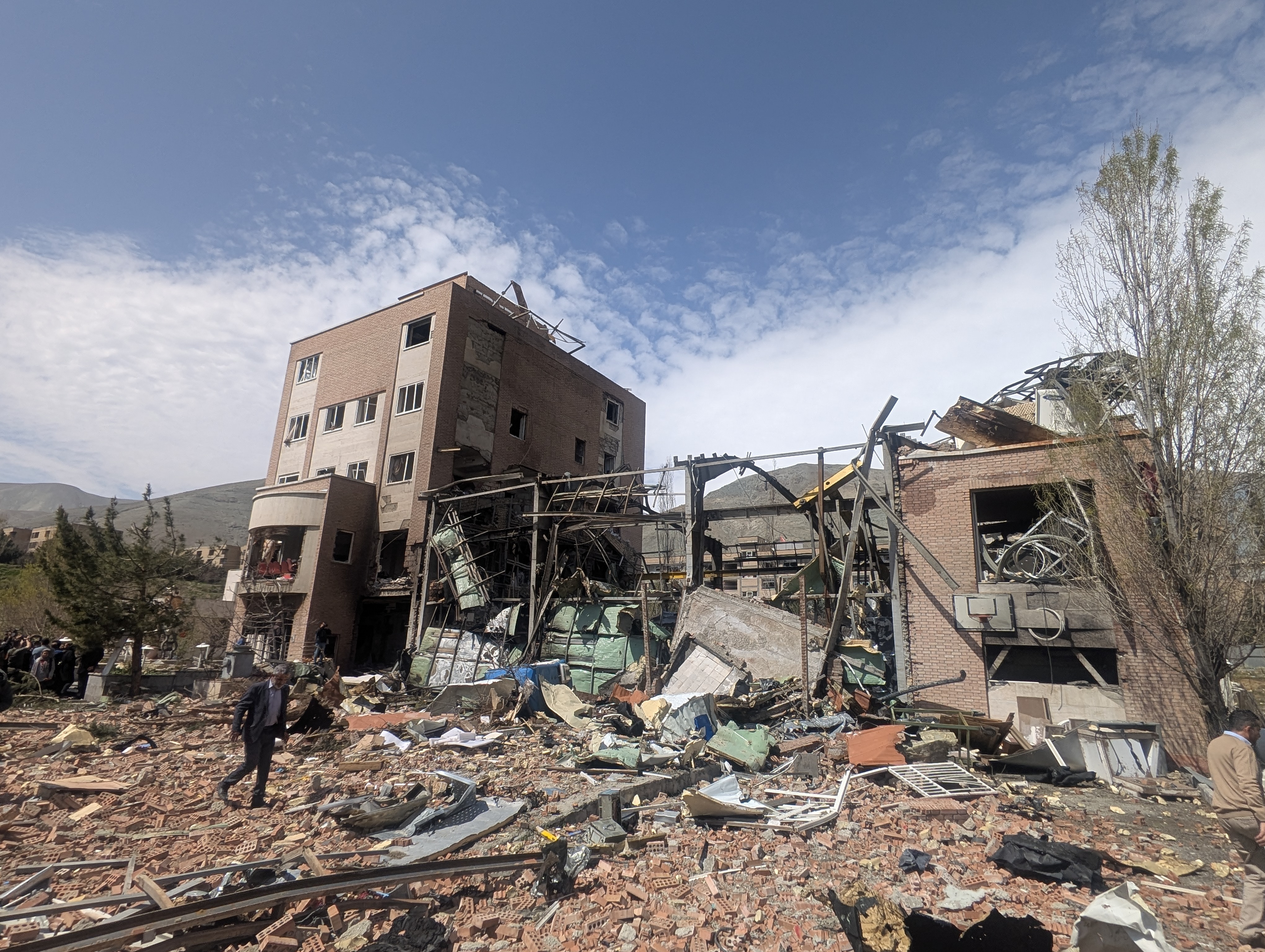 A building stands in partial ruin.