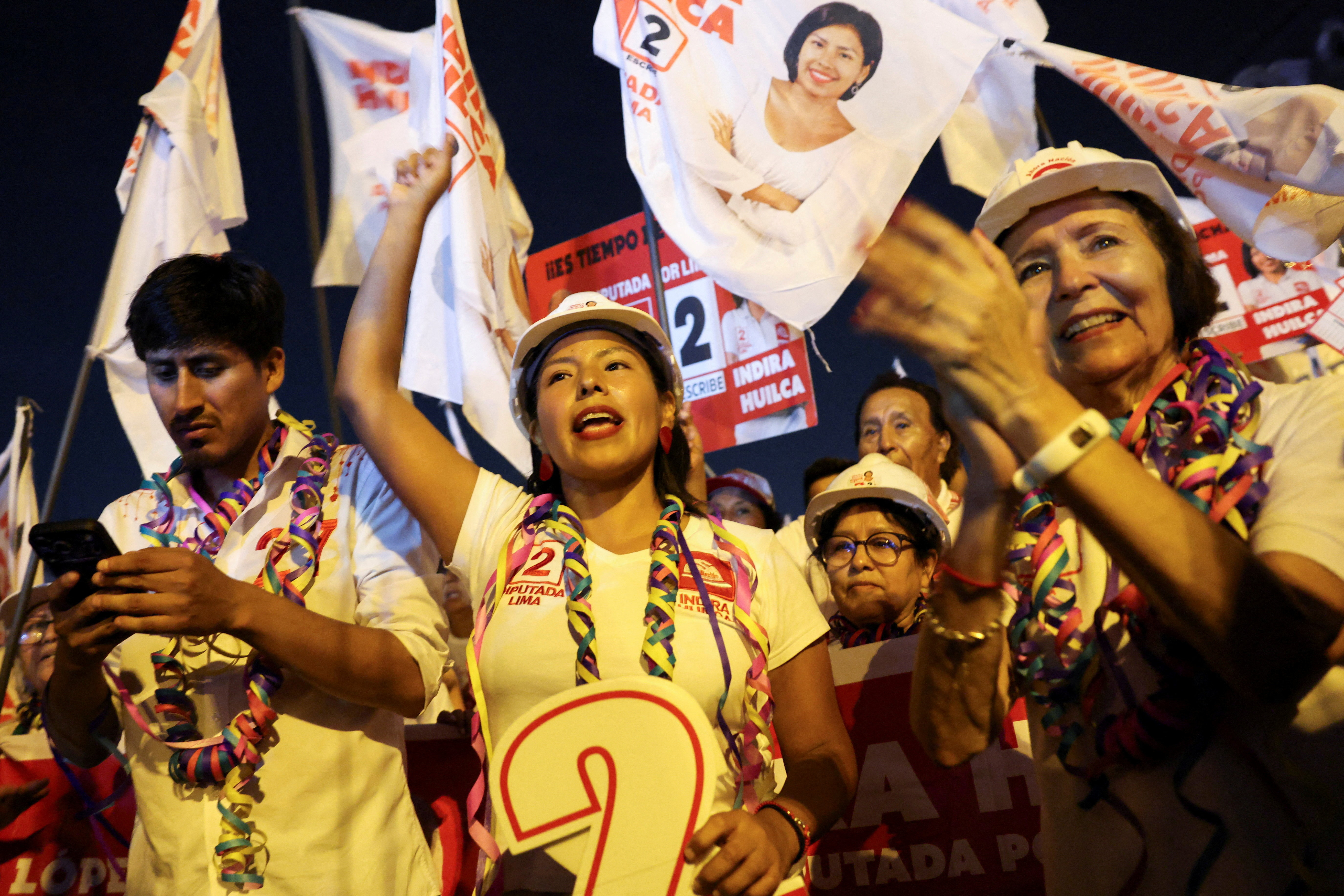 Candidate for the Chamber of Deputies Indira Huilca attends Peru's presidential candidate Alfonso Lopez Chau's closing campaign rally, ahead of the April 12 general election, in Lima, Peru, April 9, 2026. REUTERS/Manuel Orbegozo REFILE - ADDING INFORMATION