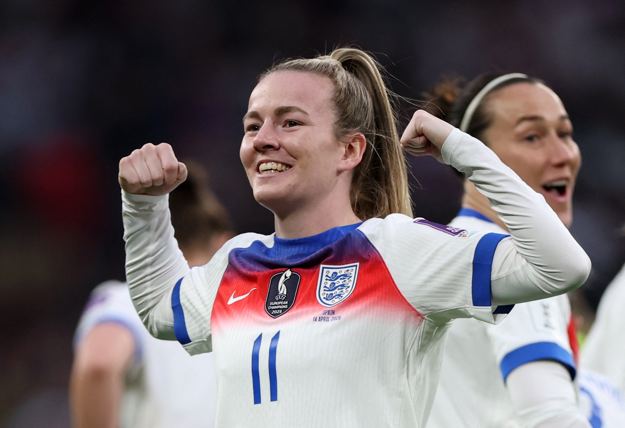Soccer Football - Women's World Cup - European Qualifiers - England v Spain - Wembley Stadium, London, Britain - April 14, 2026 England's Lauren Hemp celebrates scoring their first goal REUTERS/Isabel Infantes