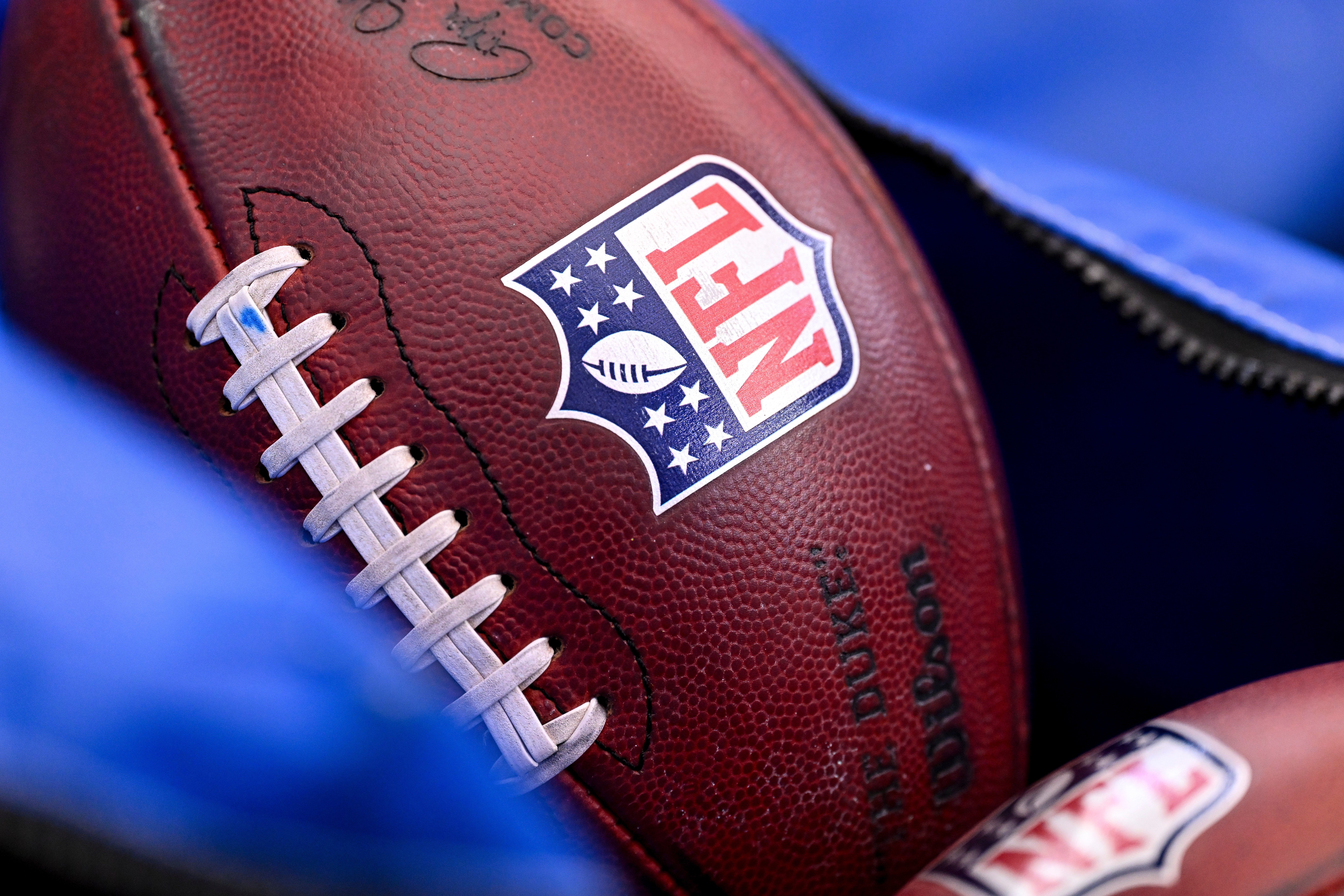 A detail view of the NFL shield on a football prior to an NFL football game between the Houston Texans and the Indianapolis Colts