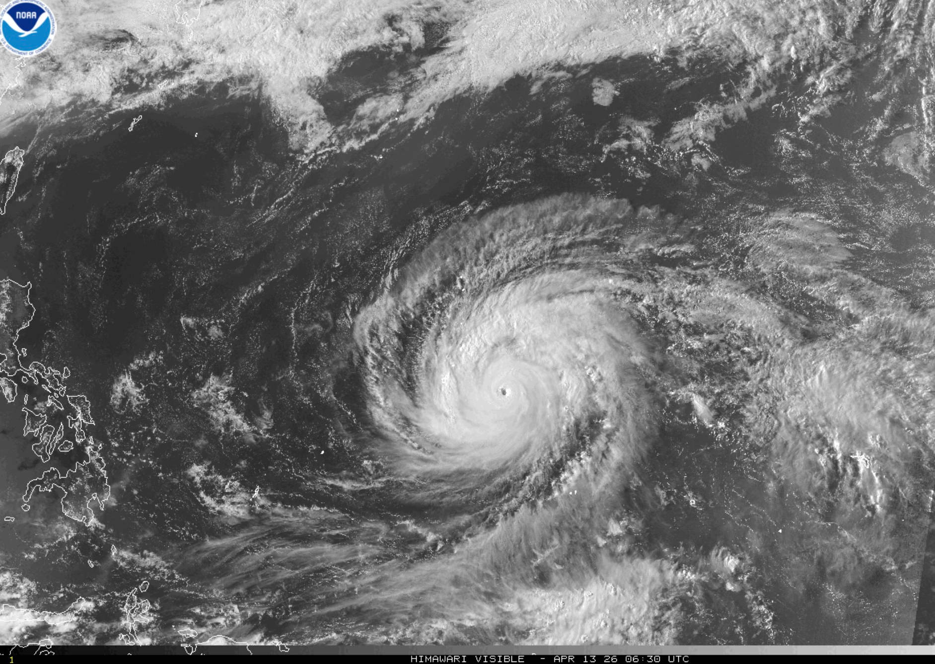 This satellite image provided by the National Oceanographic and Atmospheric Administration (NOAA) shows super typhoon Sinlakua in the Pacific Ocean, Monday, April 13, 2026. (NOAA via AP)