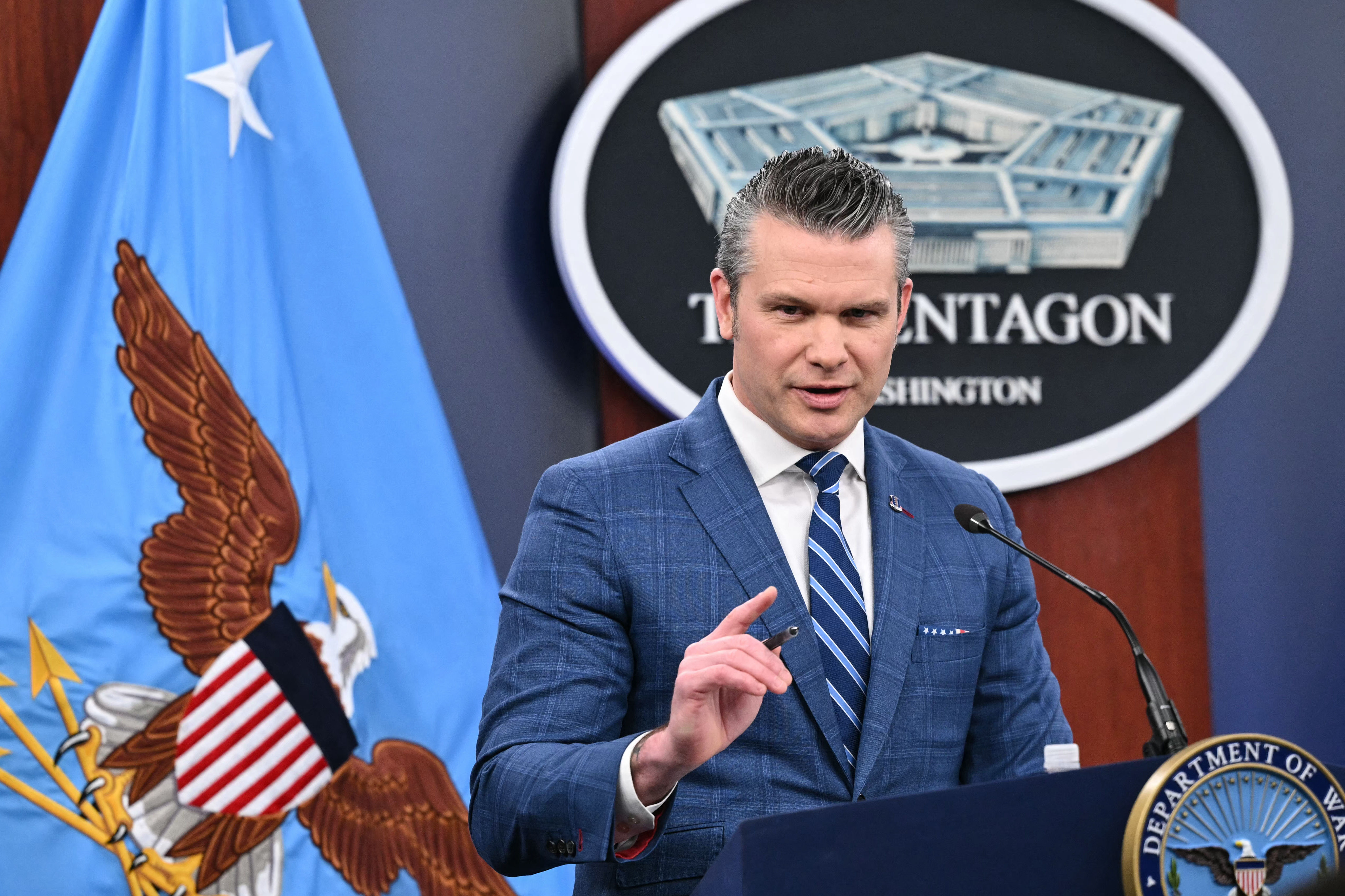US Secretary of Defense Pete Hegseth speaks during a press briefing at the Pentagon in Washington, DC, on April 8, 2026.