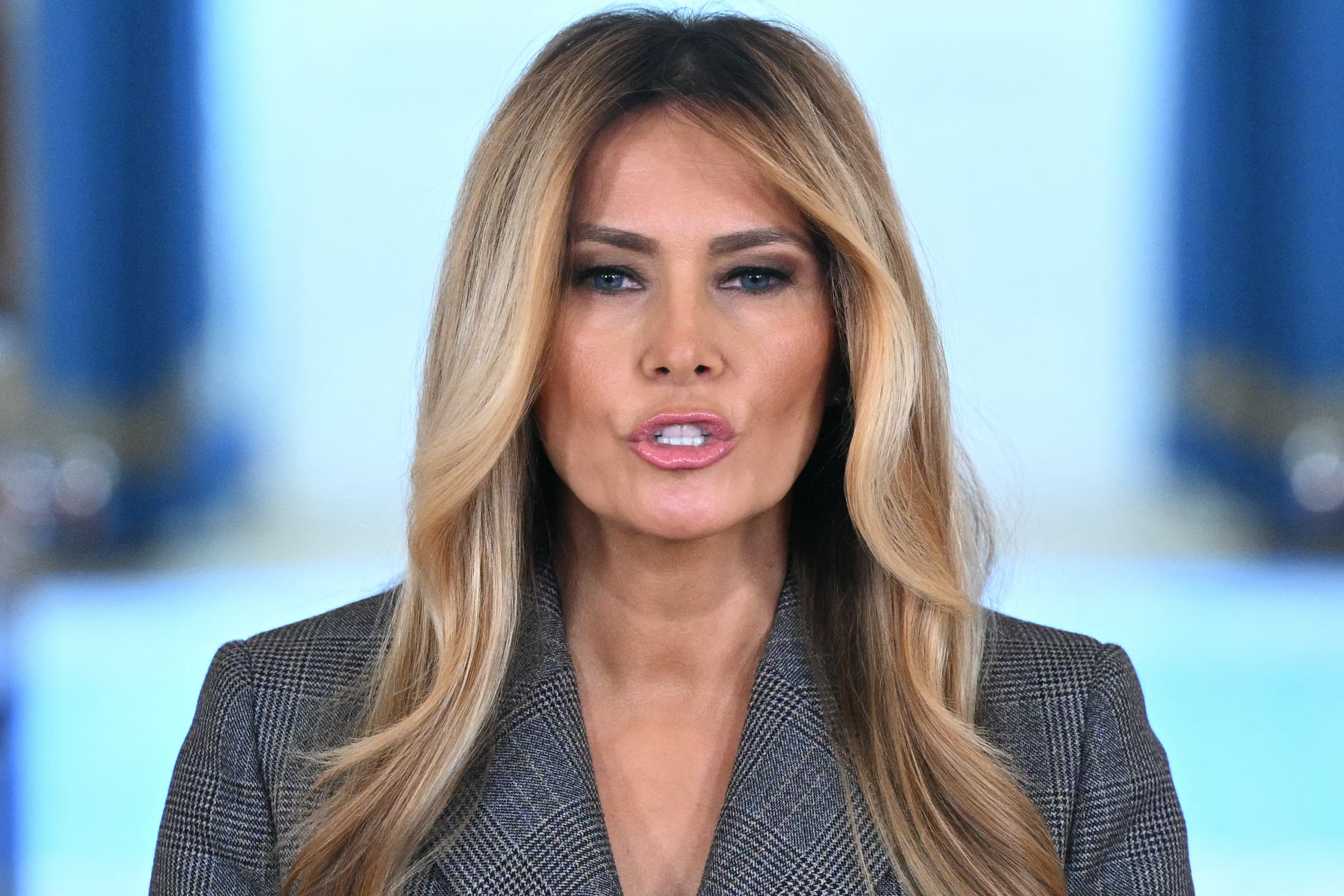 US First Lady Melania Trump speaks in the Cross Hall of the White House in Washington, DC, on April 9, 2026, denying any links to the late convicted sex offender Jeffrey Epstein and his abuse.