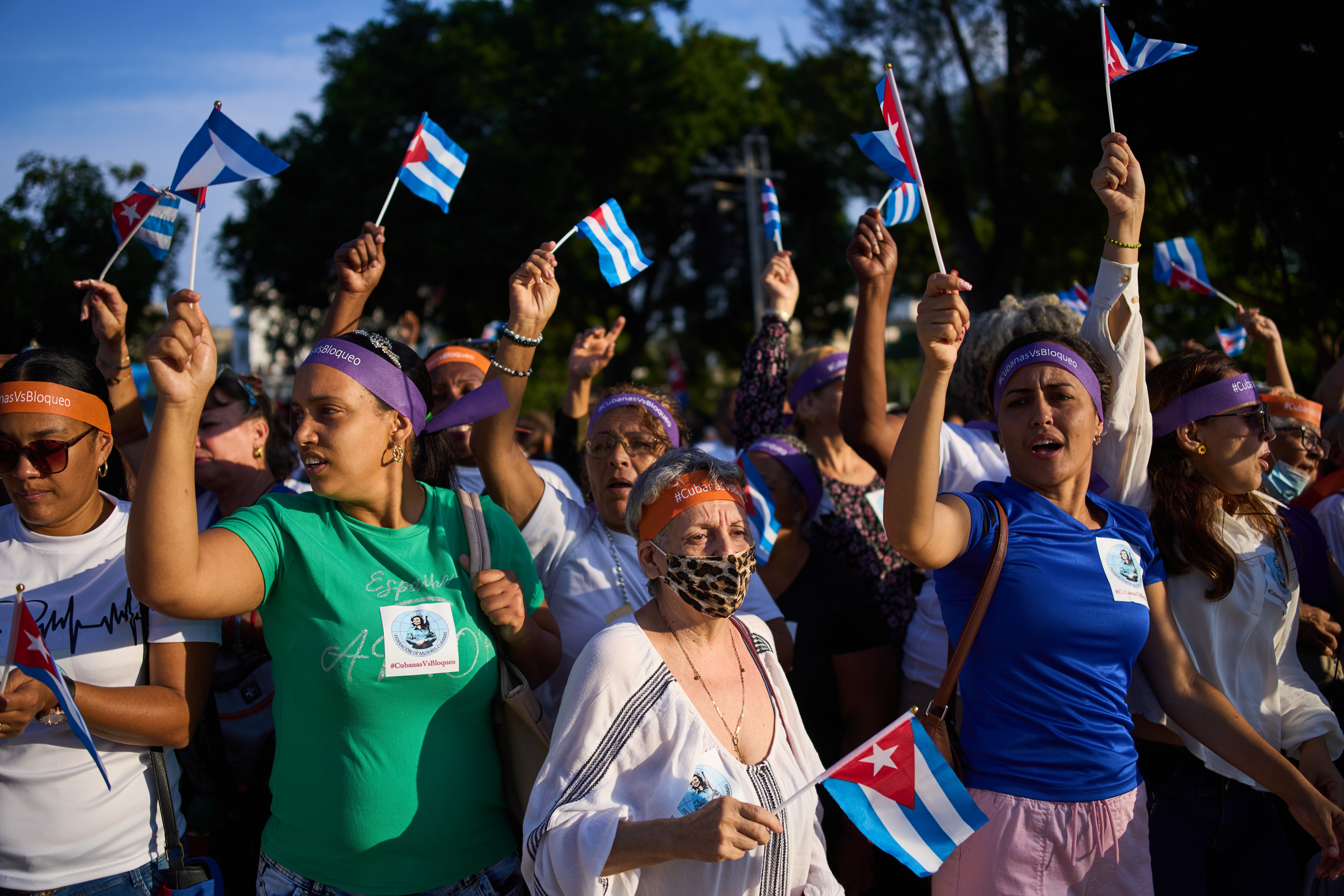 Women attend a rally calling for the end of the U.S. blockade against the island nation in Havana, Cuba, Tuesday, April 7, 2026. (AP Photo/Ramon Espinosa)