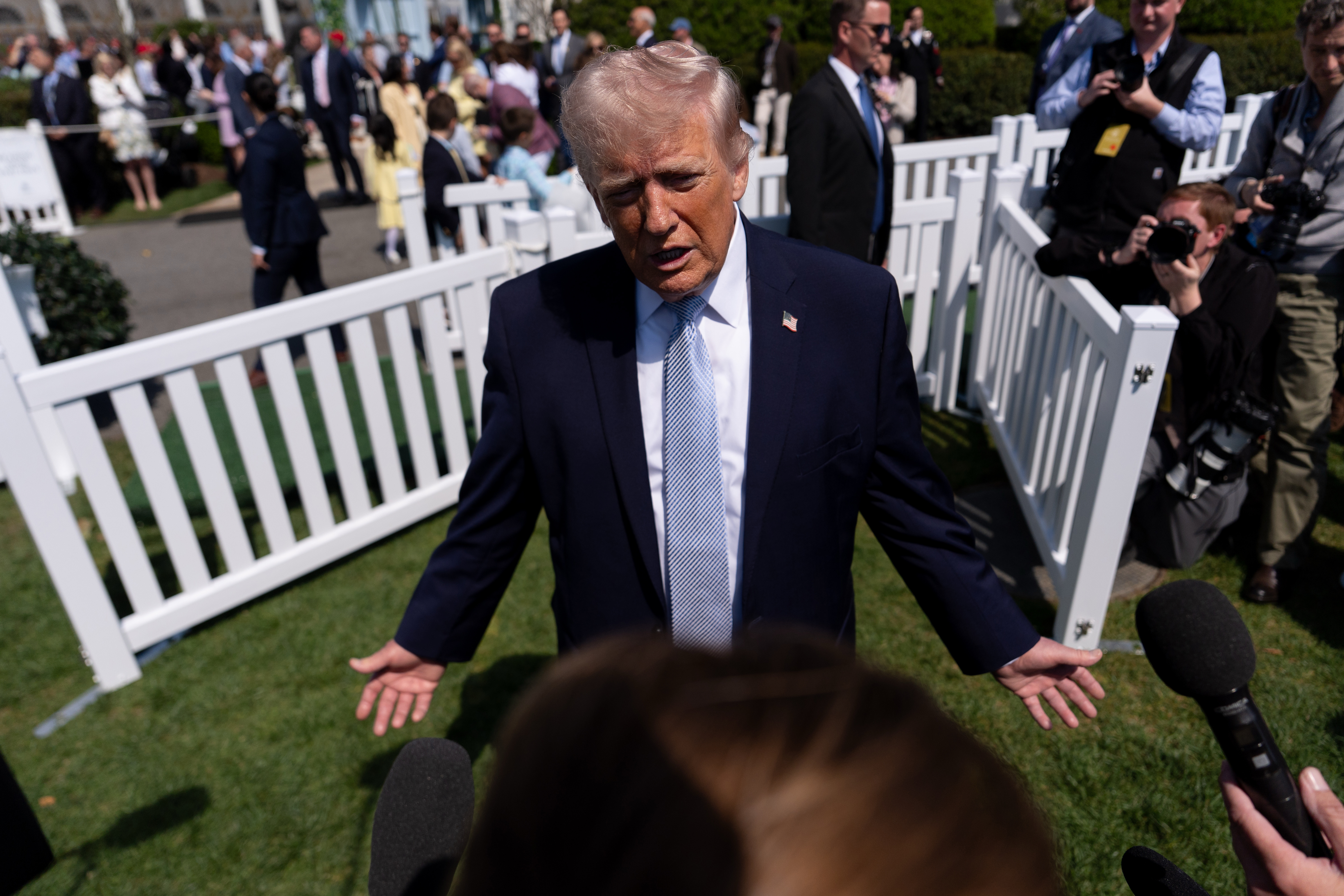 President Donald Trump speaks with reporters during the White House Easter Egg Roll on the South Lawn of the White House, Monday, April 6, 2026, in Washington. (AP Photo/Julia Demaree Nikhinson)