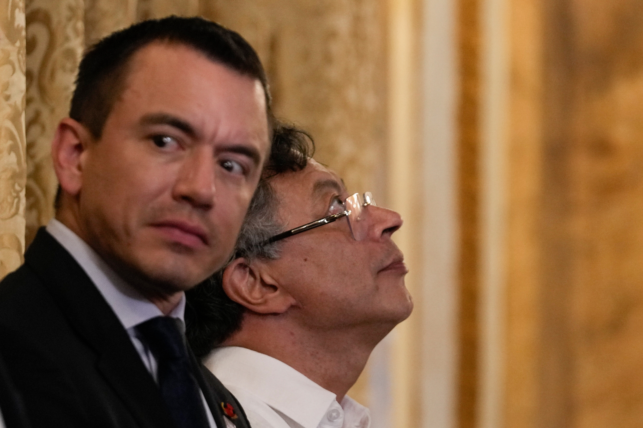 FILE - Colombian President Gustavo Petro, right, and Ecuadorian President Daniel Noboa attend a decoration ceremony for the Brazilian president at the presidential palace in Panama City, Jan. 28, 2026. (AP Photo/Matias Delacroix, File)