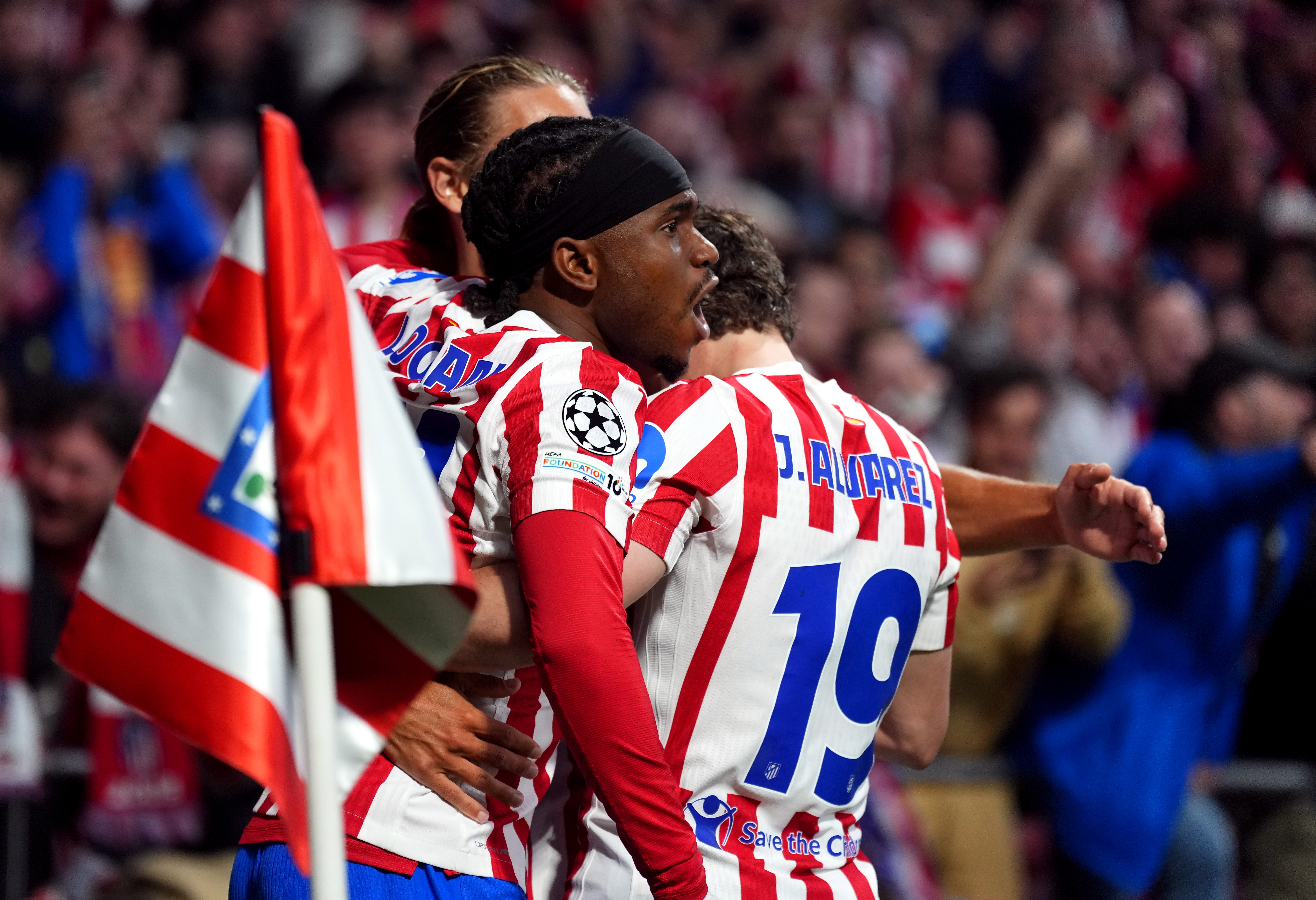 MADRID, SPAIN - APRIL 14: Ademola Lookman of Atletico de Madrid celebrates scoring his team's first goal with teammates during the UEFA Champions League 2025/26 Quarter-Final Second Leg match between Club Atlético de Madrid and FC Barcelona at Riyadh Air Metropolitano on April 14, 2026 in Madrid, Spain. (Photo by Angel Martinez/Getty Images)