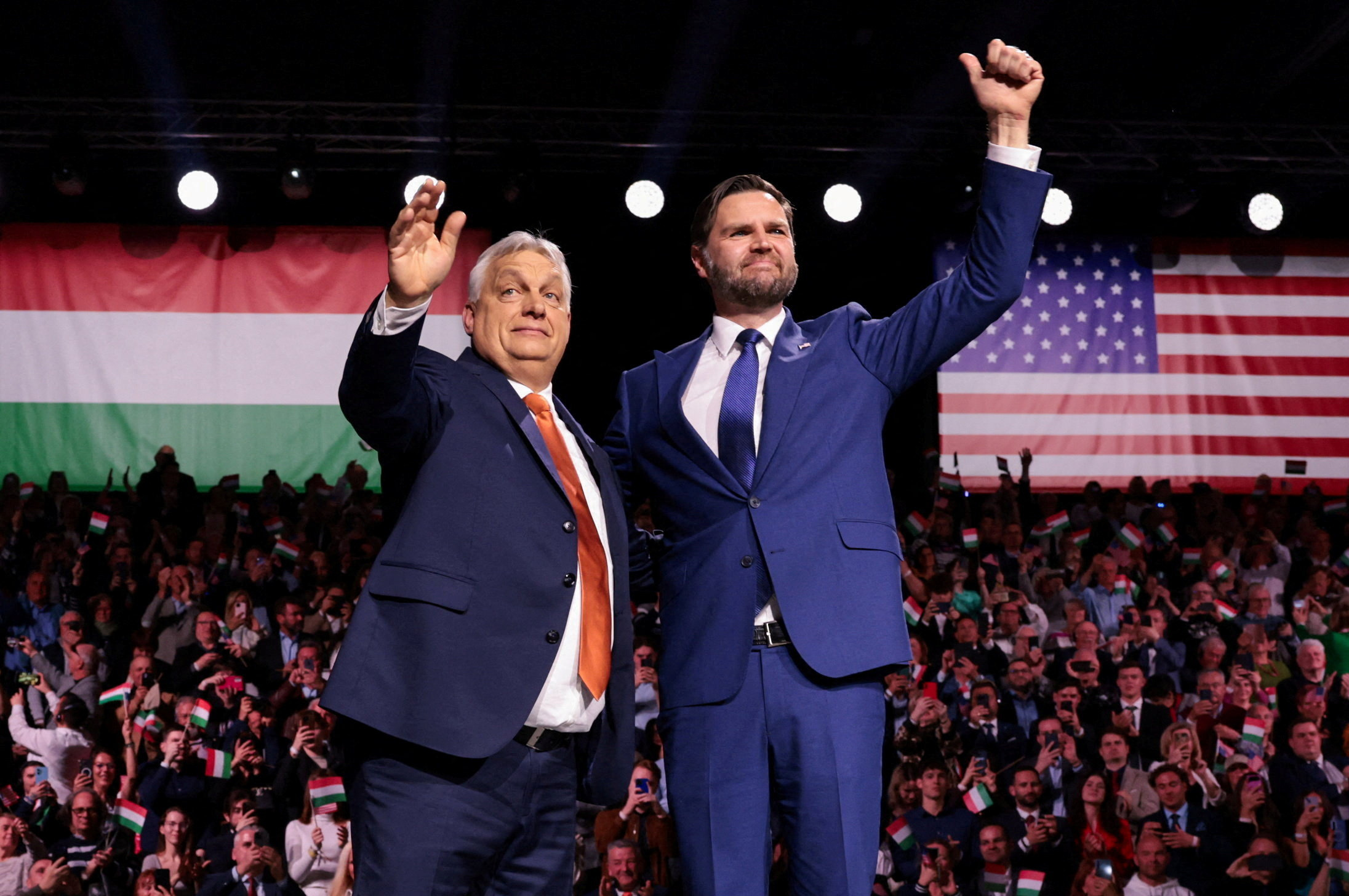 U.S. Vice President JD Vance and Hungarian Prime Minister Viktor Orban appear on stage together during Day of Friendship event at MTK Sportpark in Budapest, Hungary, April 7, 2026. REUTERS/Jonathan Ernst/Pool TPX IMAGES OF THE DAY
