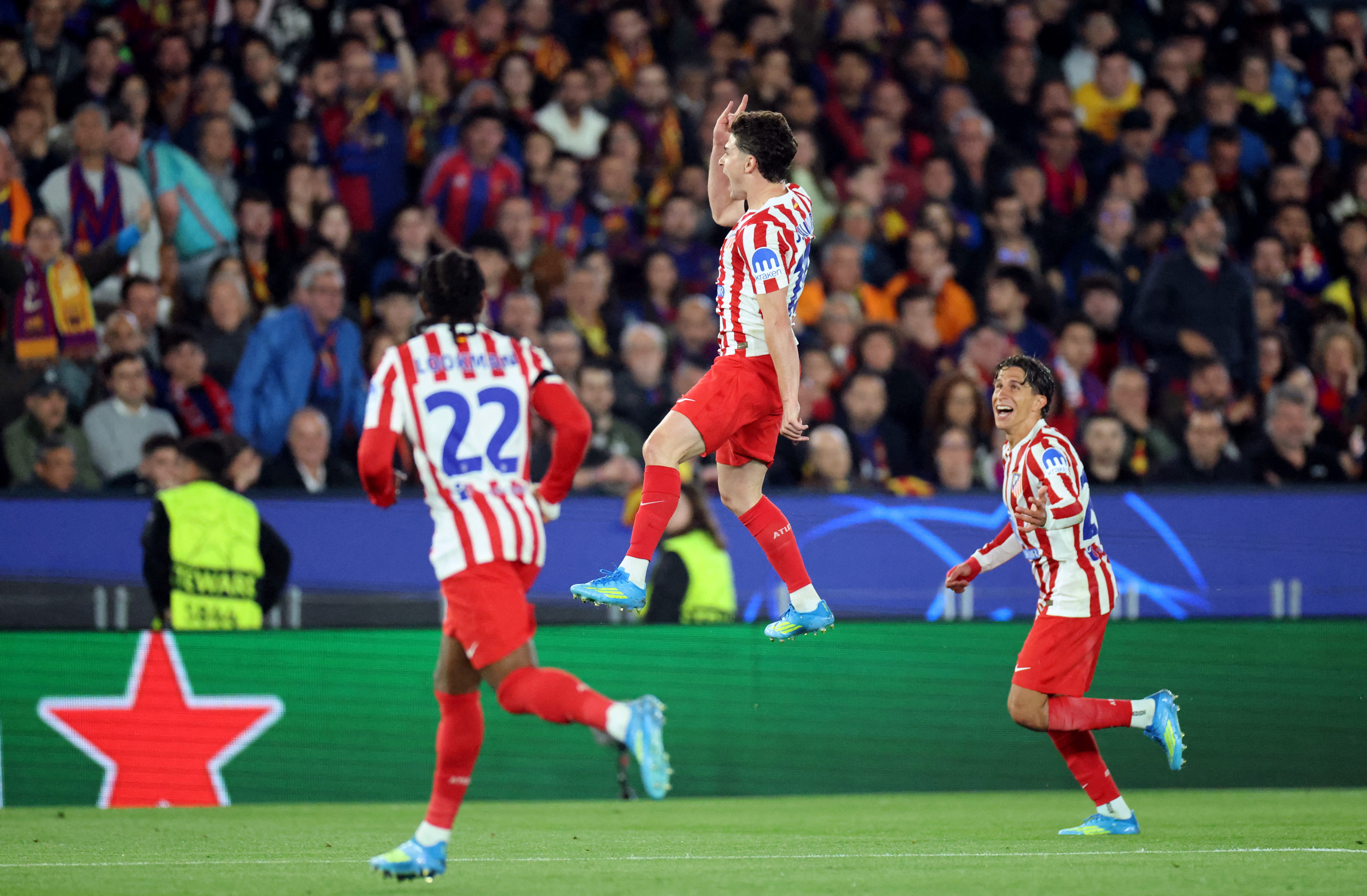 Soccer Football - UEFA Champions League - Quarter Final - First Leg - FC Barcelona v Atletico Madrid - Spotify Camp Nou, Barcelona, Spain - April 8, 2026 Atletico Madrid's Julian Alvarez celebrates scoring their first goal REUTERS/Nacho Doce